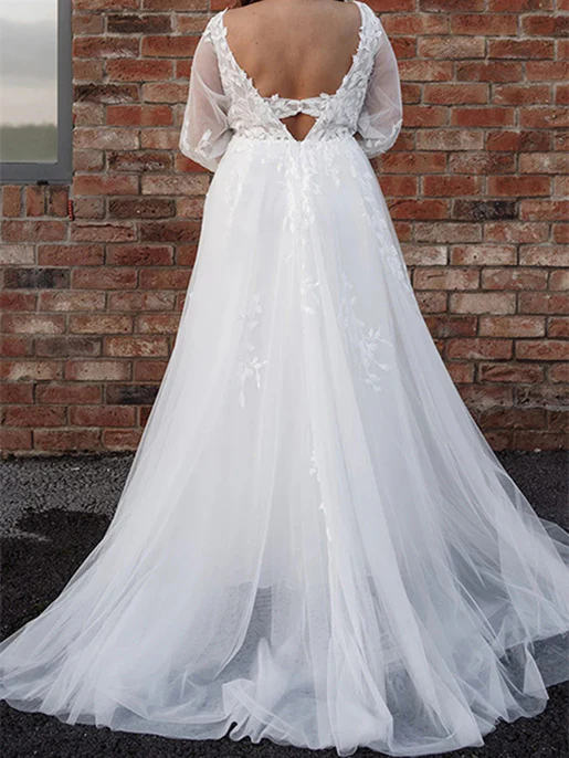A-Line/Princess V-Neck Floor-length Wedding Dress - QUGEX