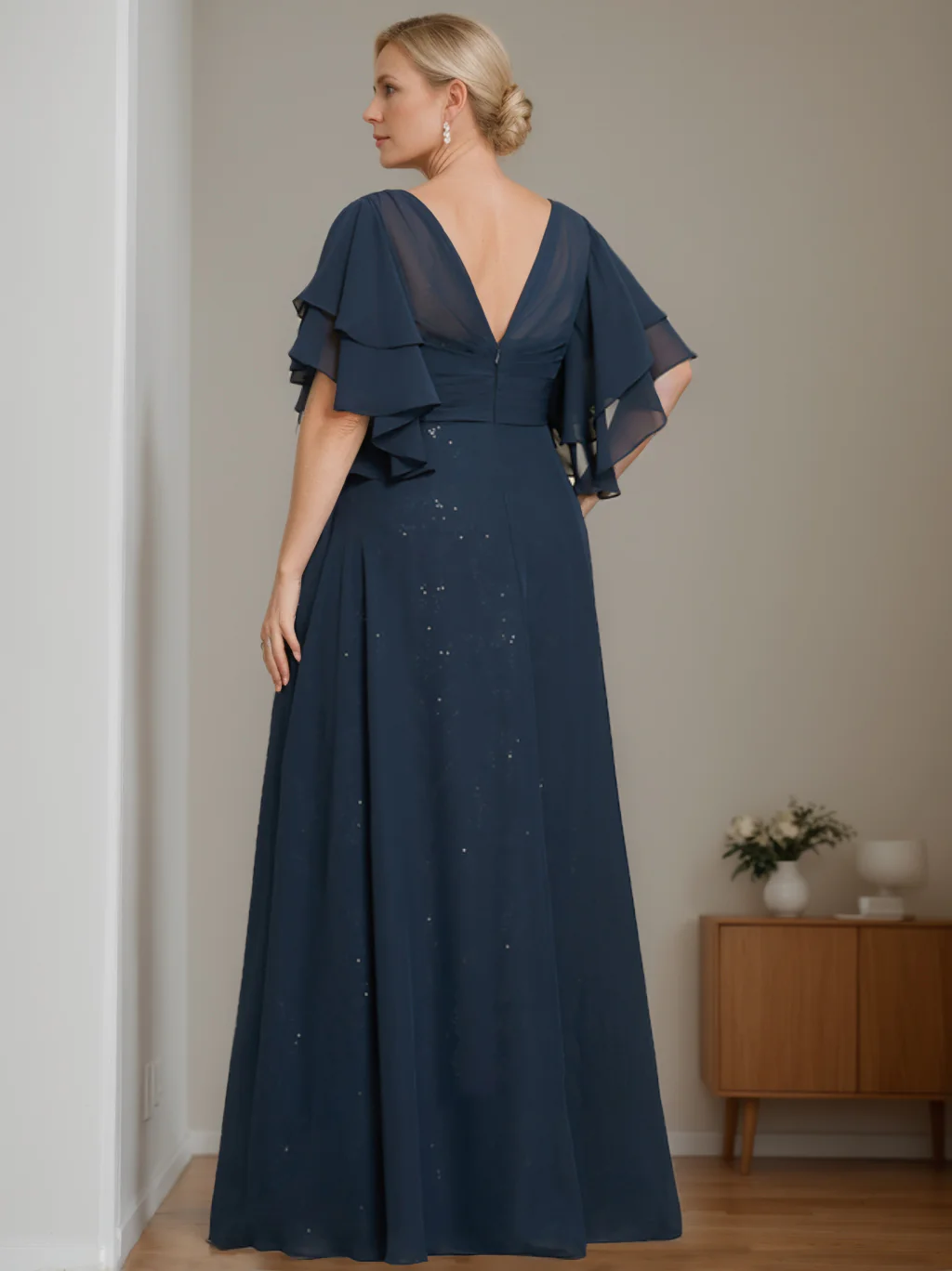 A-Line/Princess V-Neck Half Sleeves Floor-Length Plus Size Mother of the Bride Dresses with Pleated - QUGEX