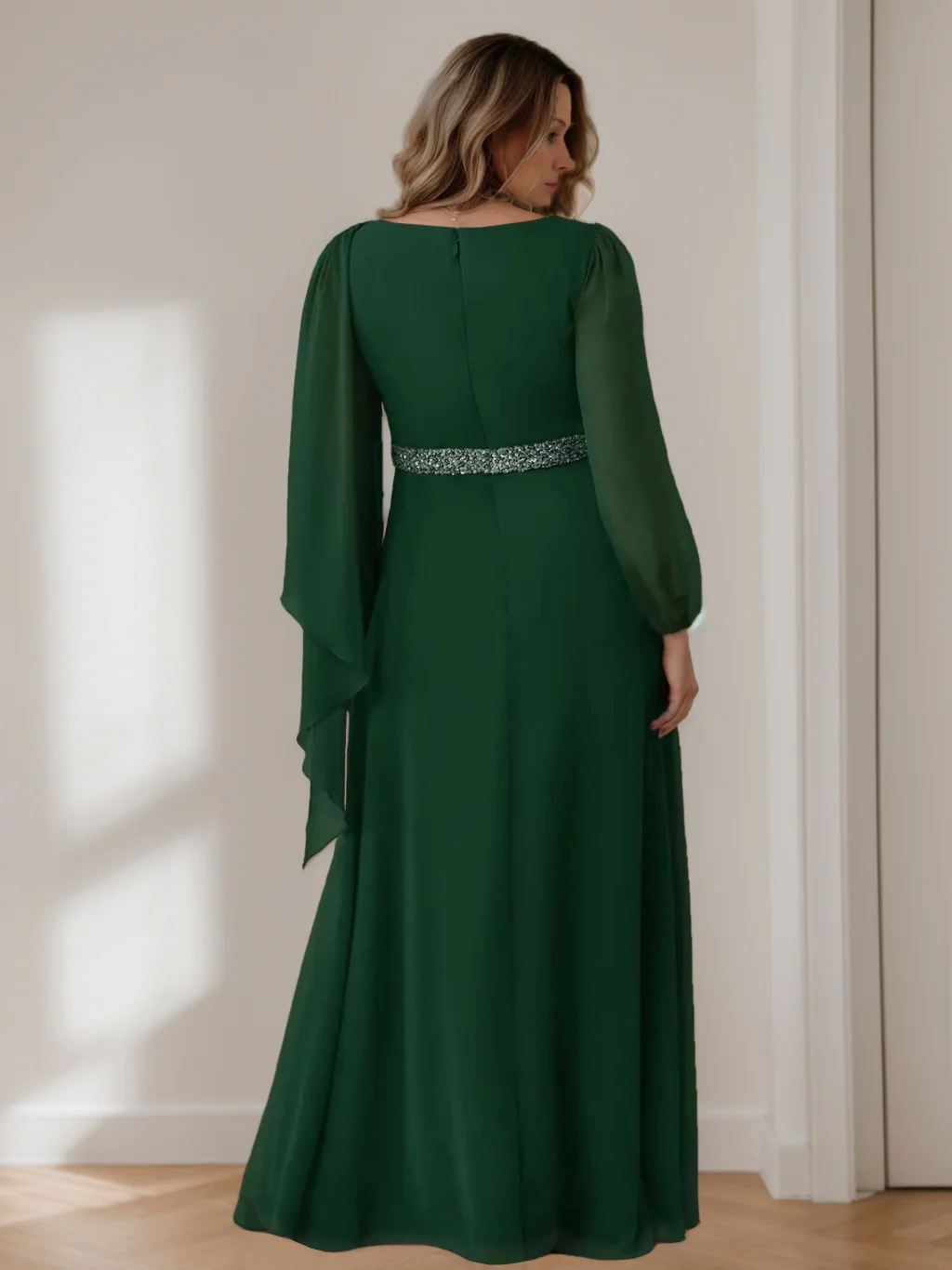 A-Line/Princess Scoop Long Sleeves Floor-Length Plus Size Mother of the Bride Dresses with Beaded, Pleated & Cascading Ruffles - QUGEX