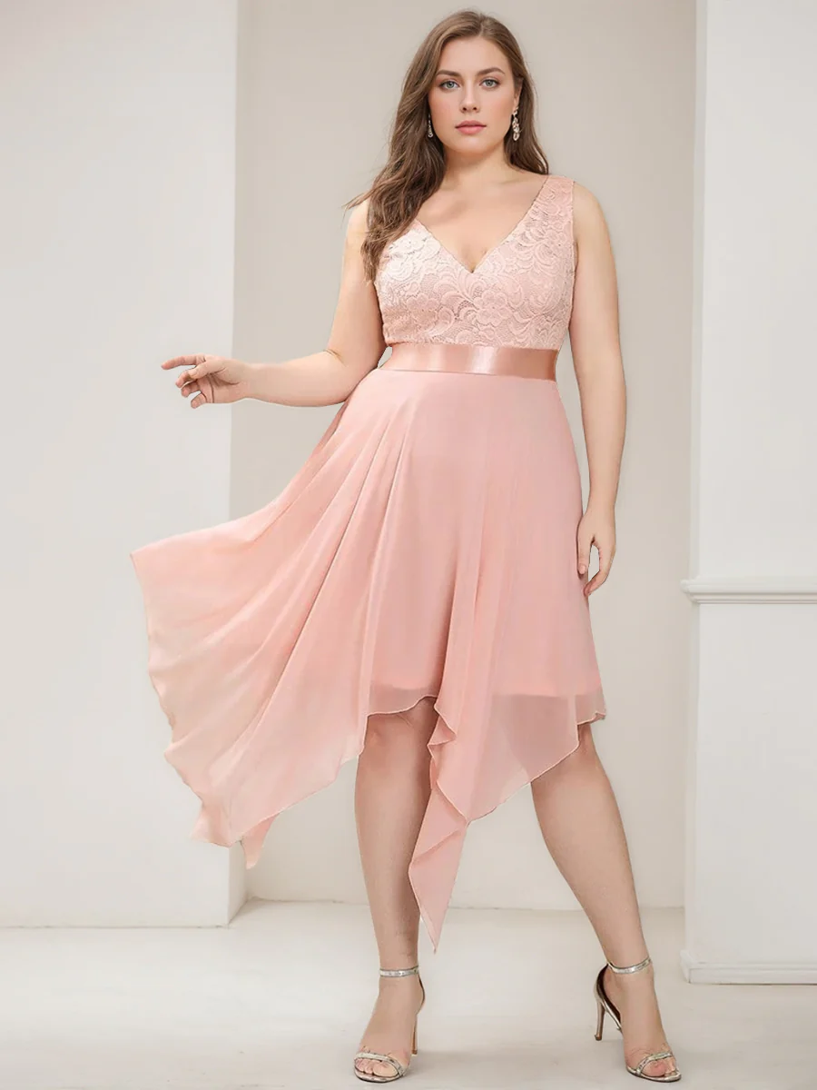 A-Line/Princess V-Neck Sleeveless Asymmetrical Plus Size Bridesmaid Dresses with Lace & Appliques - QUGEX