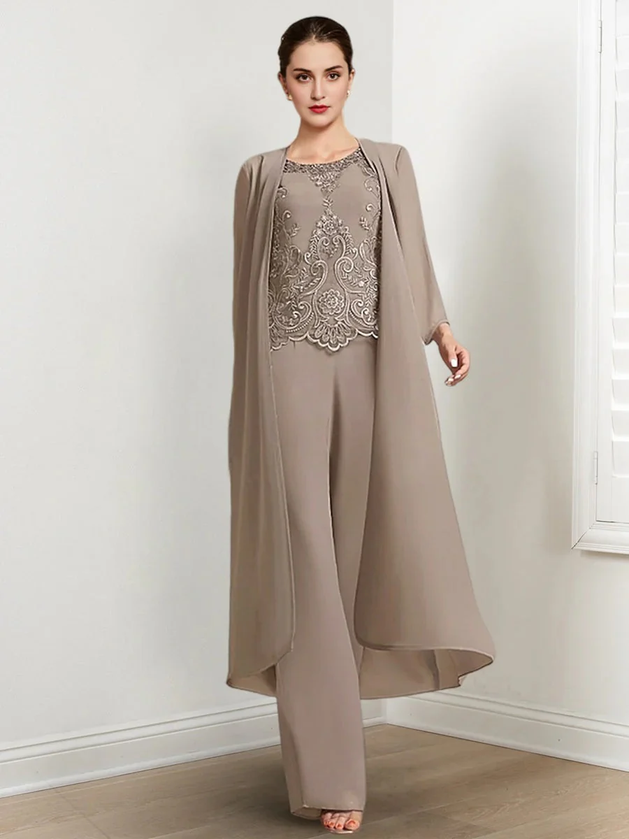 Chiffon Round Neck Floor-Length Mother Of The Bride Pantsuits With Jacket & Applique - QUGEX