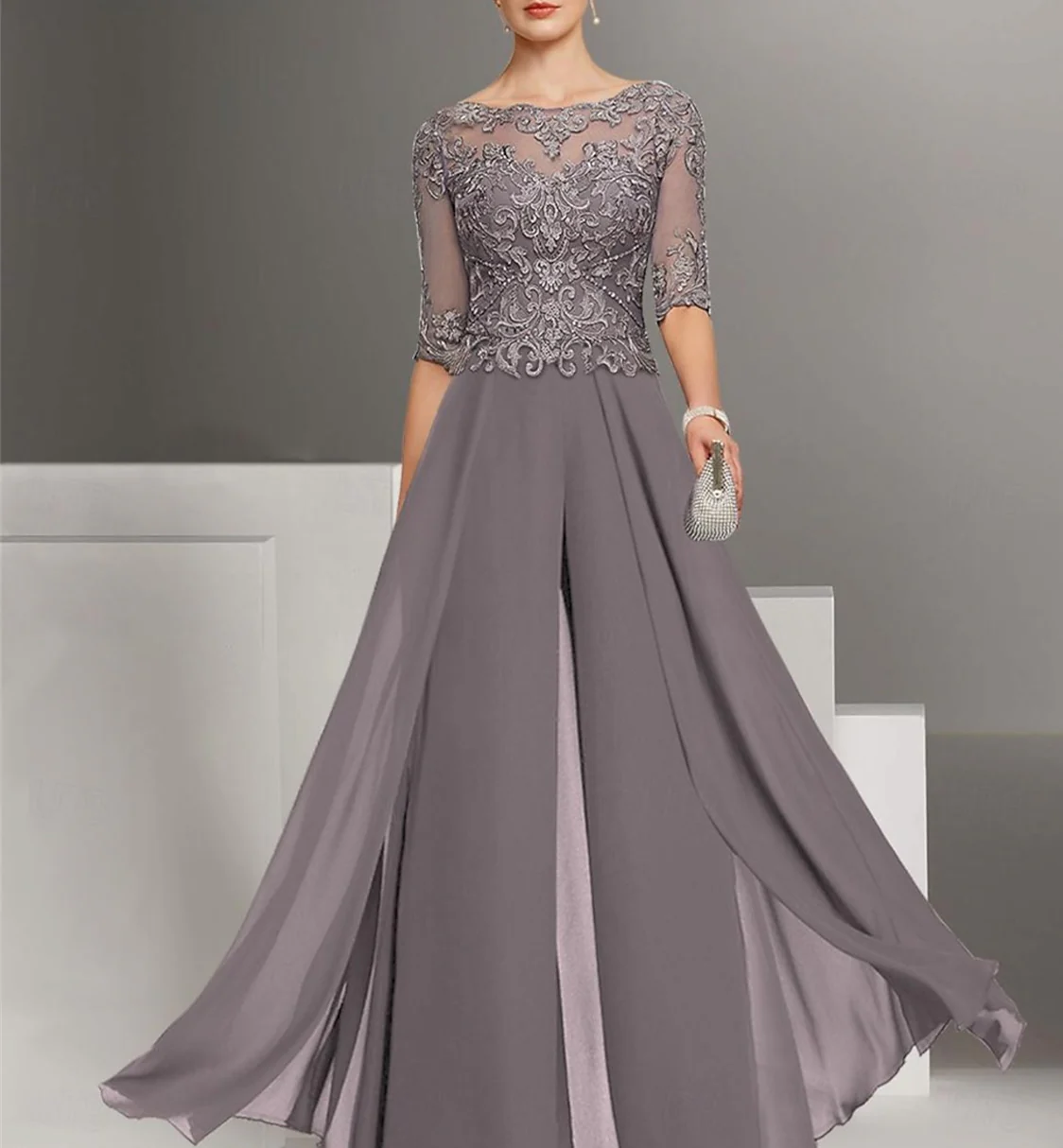 Chiffon Jewel Neck Half Sleeves Ankle-Length Mother of the Bride Pantsuits with Lace - QUGEX