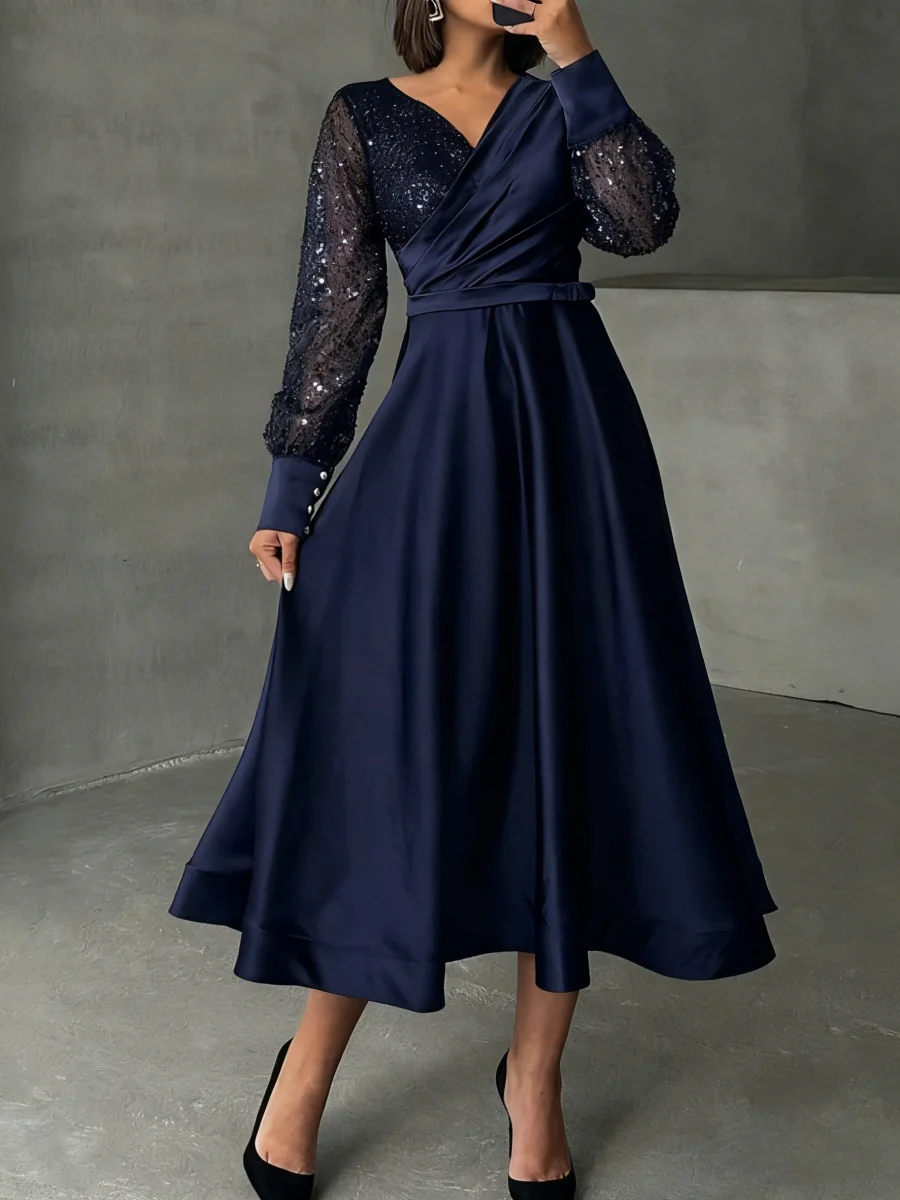 A-Line/Princess V-Neck Satin Mother of the Bride Dresses Long Sleeves Tea-Length Sequins - QUGEX