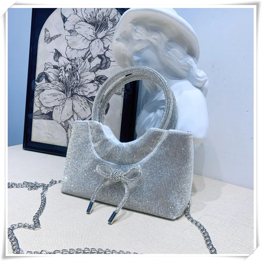 Silver Luxurious Sparkling Crystal Fashion Wedding Party Clutch Bag with Bowknot - QUGEX