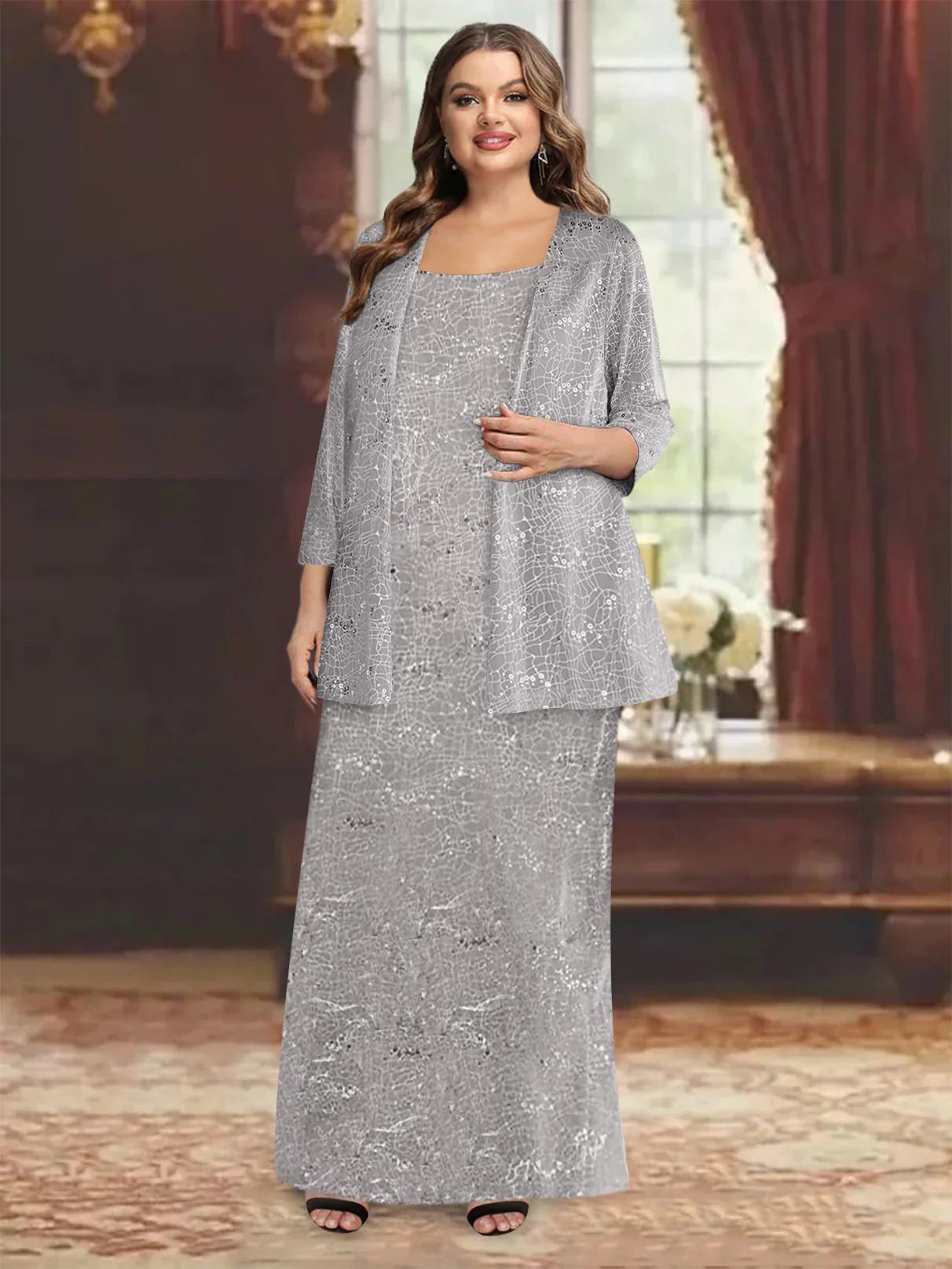 Chiffon Scoop Ankle-length Plus Size Mother of the Bride Dresses with Sequins & Jacket - QUGEX