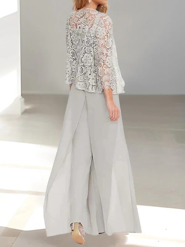 Chiffon Square Neck Floor-Length Mother of the Bride Pantsuits with Jacket & Split Side - QUGEX