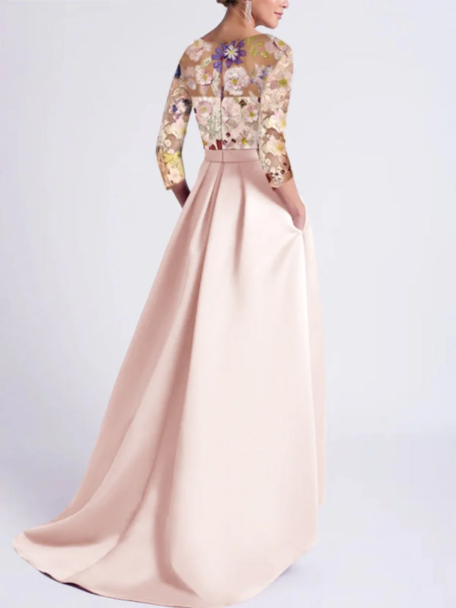 A-Line/Princess Scoop 3/4 Sleeves Asymmetrical Mother of the Bride Dresses with Appliques Lace - QUGEX