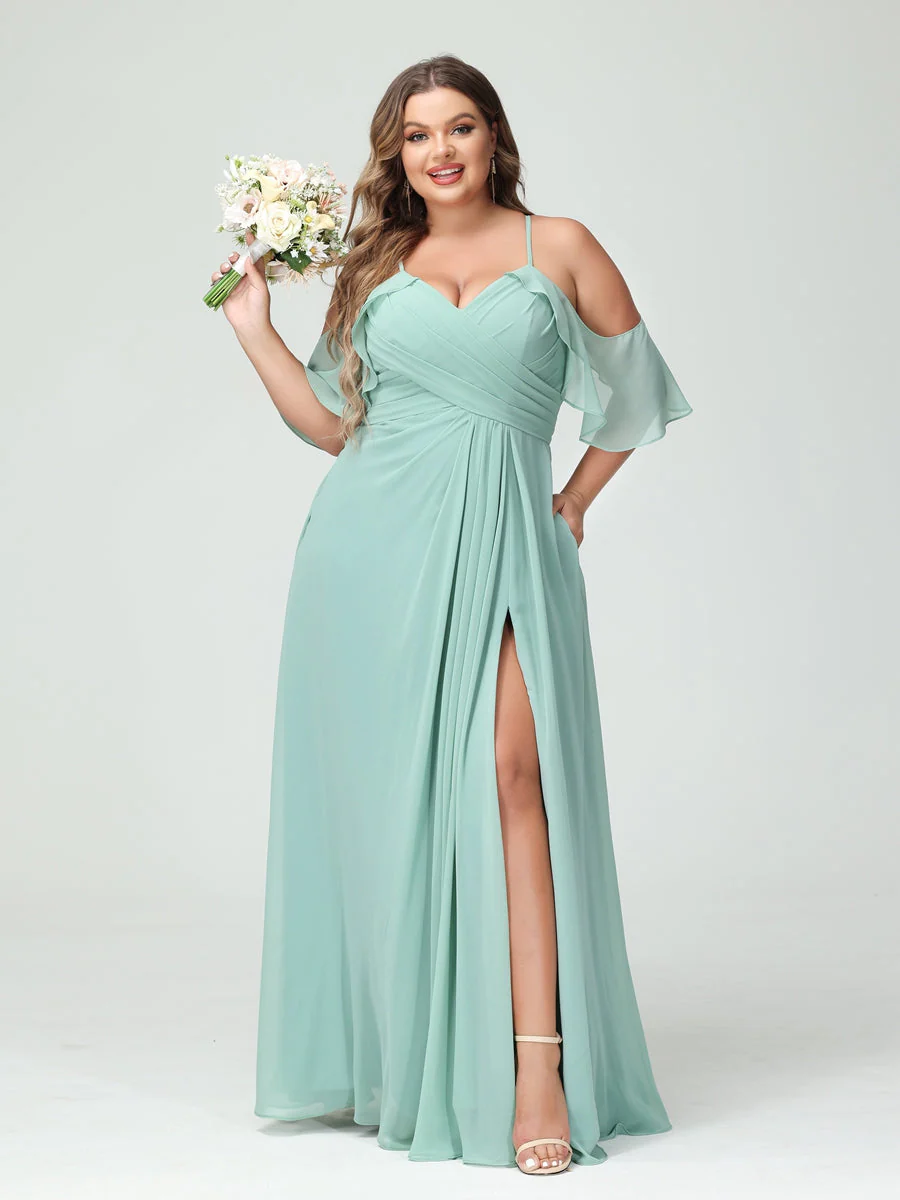 A-Line/Princess Spaghetti Straps Short Sleeves Chiffon Plus Size Bridesmaid Dresses with Pockets,Ruched Split Side - QUGEX
