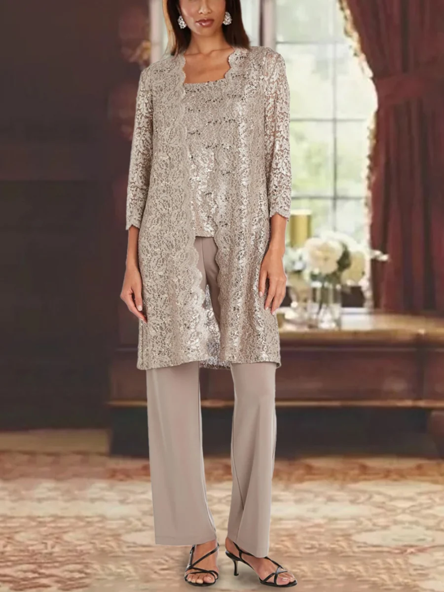 Chiffon Scoop 3/4 Sleeves Mother of the Bride Pantsuits with Lace Jacket Ankle-Length - QUGEX