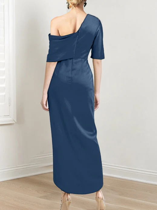 Sheath/Column One-Shoulder Short Sleeves Asymmetrical Mother of the Bride Dresses with Ruffles - QUGEX