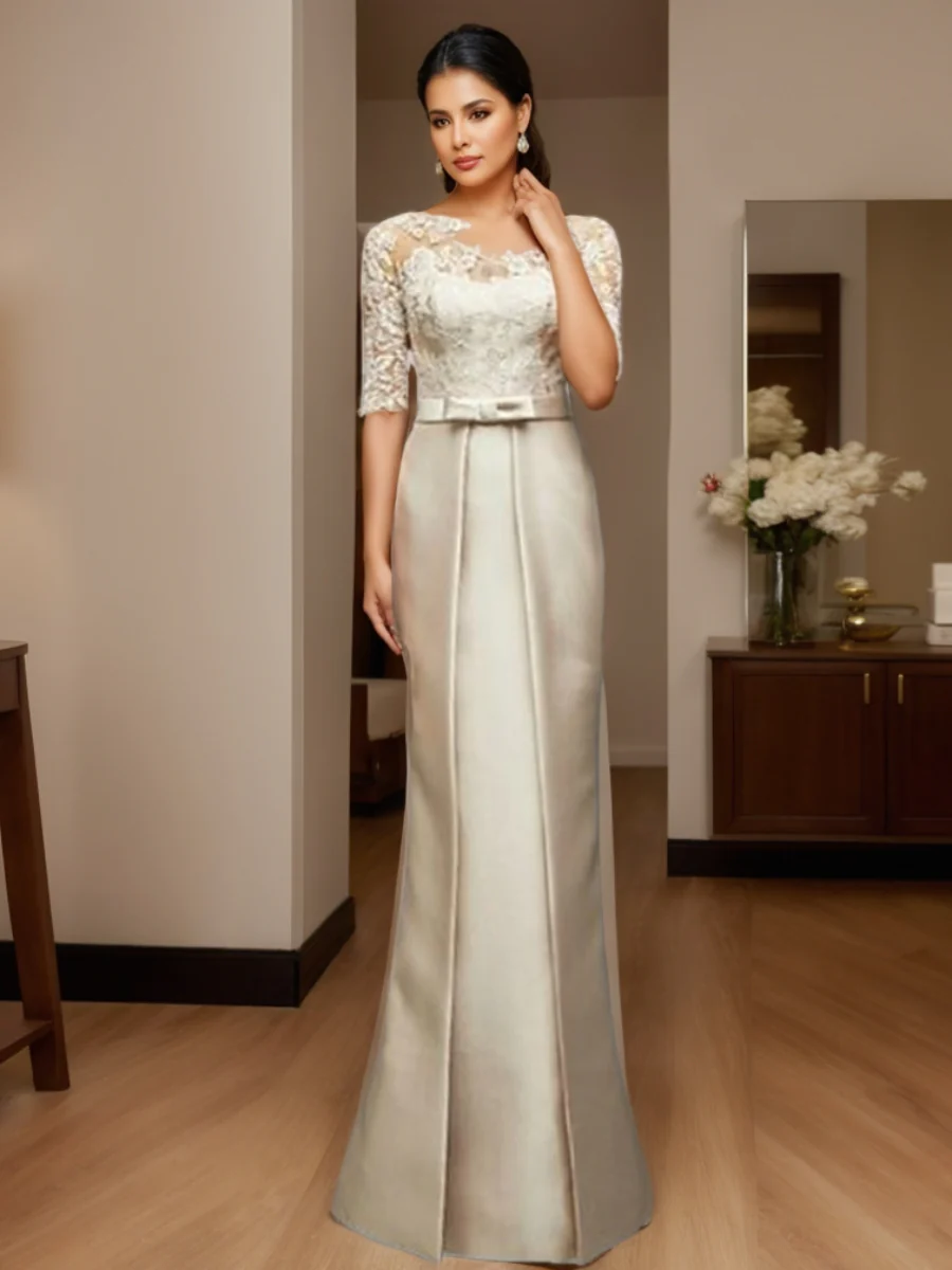 Sheath/Column Illusion Neck Floor-length Mother of the Bride Dresses - QUGEX