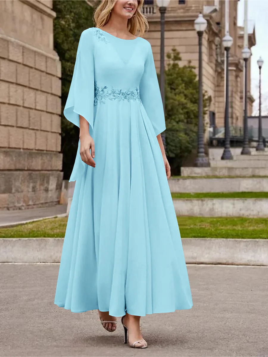 A-Line/Princess Jewel Neck 3/4 Length Sleeve Ankle-Length Mother of the Bride Dresses with Sequins - QUGEX