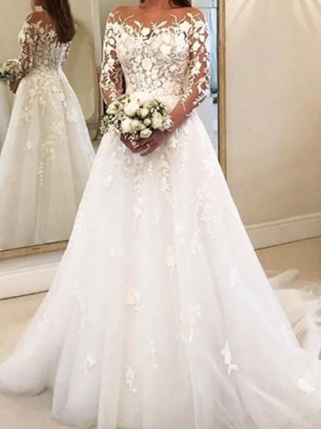 Ball Gown Off-the-Shoulder Wedding Dress Long Sleeves with Appliques - QUGEX