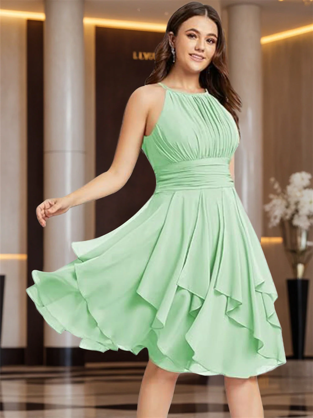 A-Line/Princess Halter  Sleeveless Short/Mini  Bridesmaid Dresses Chiffon Ruffle Pleated Pockets - QUGEX
