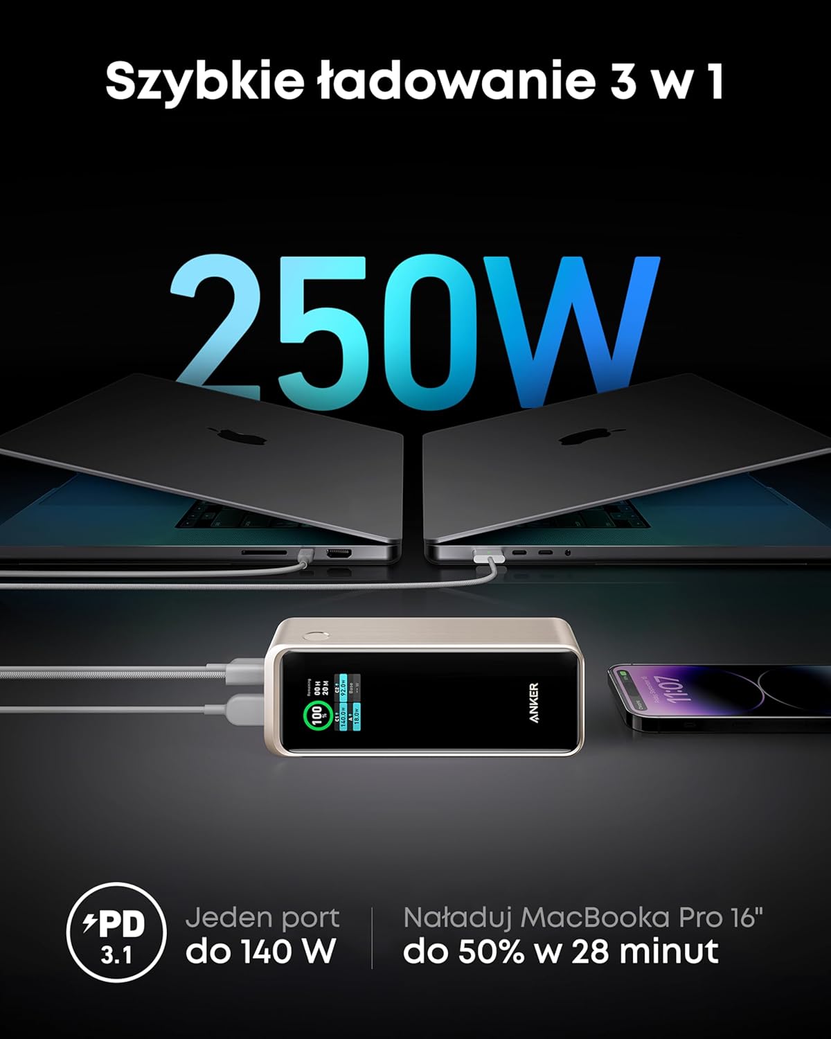 Anker Prime power bank 27650 mAh 250W w zestawie baza ładująca, szybkie ładowanie, kompaktowa przenośna ładowarka do podróży, kontrola aplikacji, kompatybilny z MacBook, iPhone, iPad i innymi
