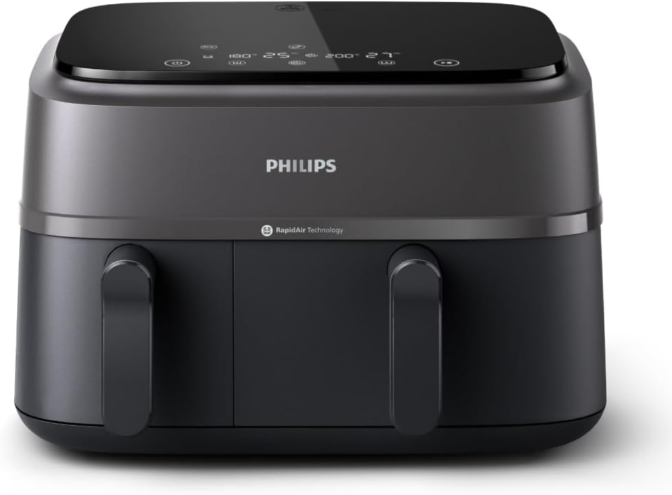 Philips Airfryer 5000 Serii Dual Basket z Technologią Air Steam oraz RapidAir Plus - pojemność 9L, 19 sposobów gotowania, 90% mniej tłuszczu, 2 kosze, czyszczenie parą, akcesoria (NA550/00)