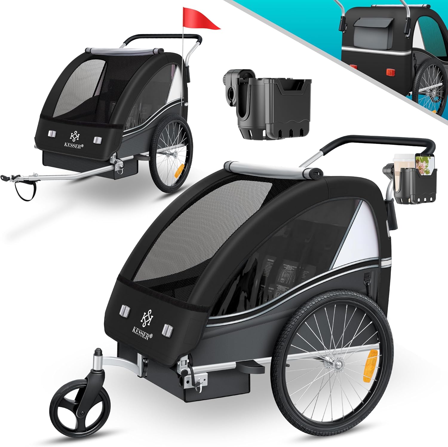 KESSER® Przyczepka rowerowa dla dzieci Sport-RX 2w1 z funkcją jazdy Przyczepka rowerowa dla dzieci + 5-punktowy pas bezpieczeństwa 360°