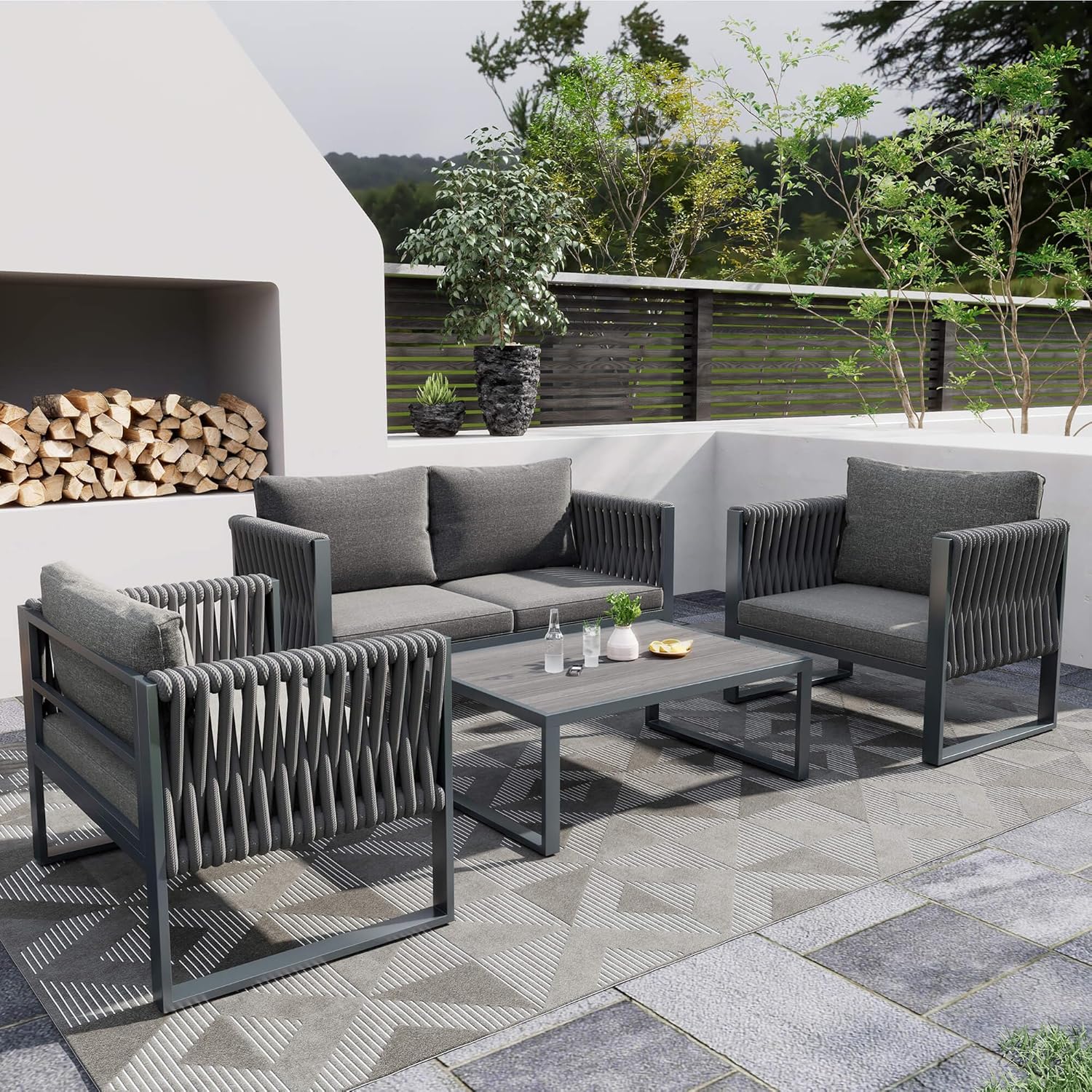 HYUB Zestaw mebli ogrodowych, meble wypoczynkowe do użytku na zewnątrz z podwójną sofą i 2 pojedynczymi sofami, zestaw wypoczynkowy do użytku na zewnątrz ze stolikiem kawowym i poduszkami do