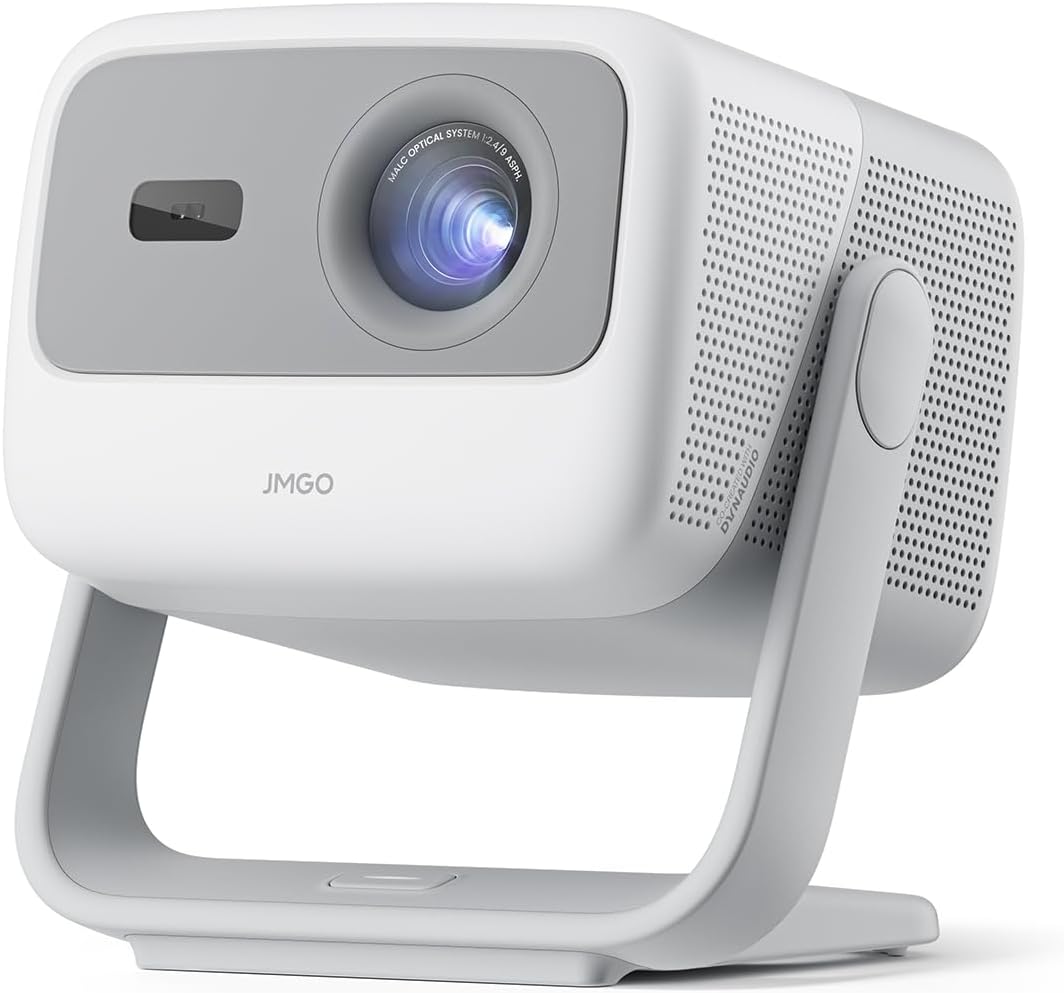 JMGO N1 Projektor, 1080P 3D Mini Full HD, przenośny projektor z potrójnym laserem 750 ISO lumenów, automatyczna korekcja obrazu z gimbalem, 2 głośniki Dynaudio 5 W, Android TV 11.0