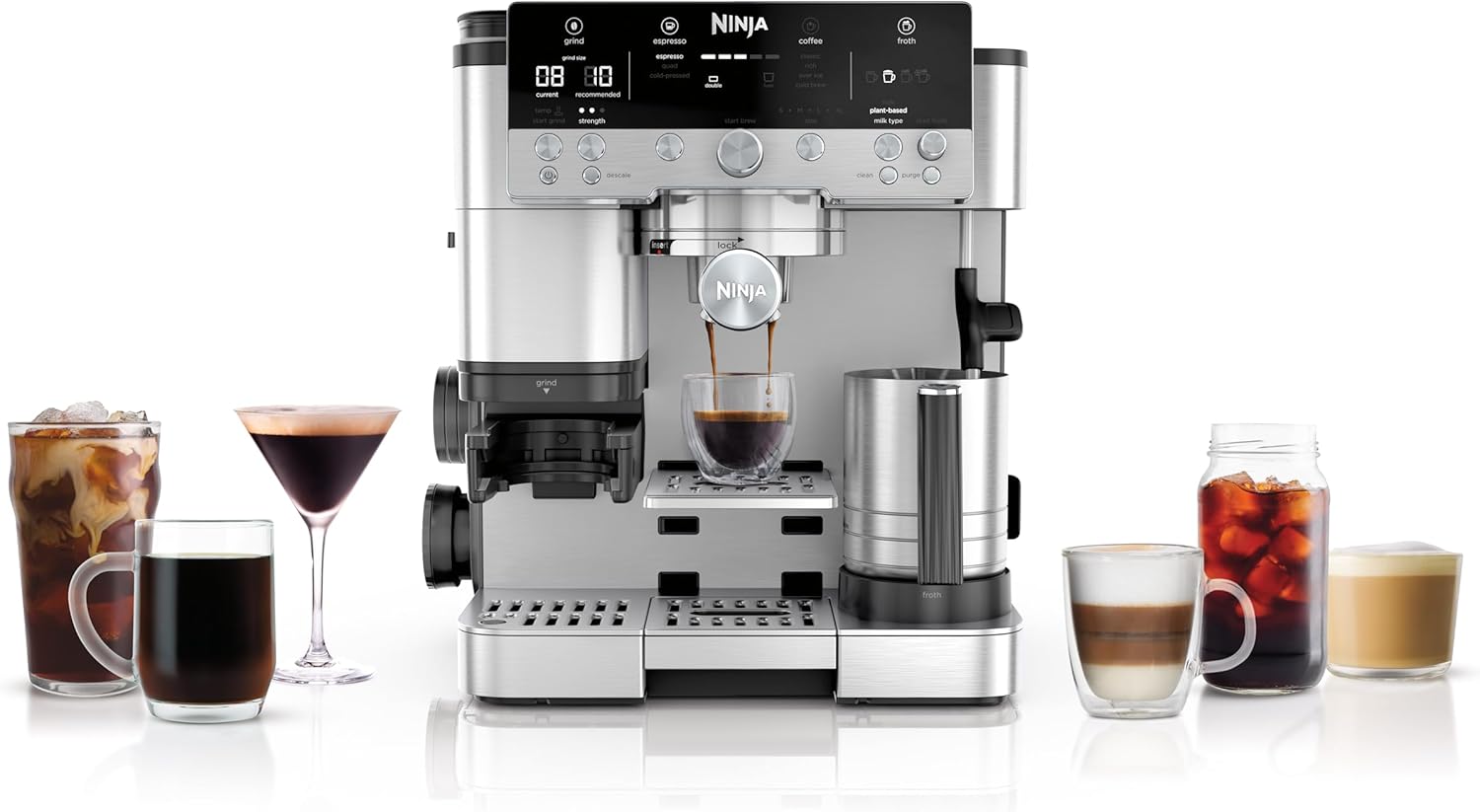 Ninja Luxe Premier Ekspres do kawy 3 w 1, latte, cappuccino, cold brew, espresso, wbudowany młynek i spieniacz do mleka, łatwy w obsłudze, 4 automatyczne ustawienia spieniania, srebrny, ES601EU