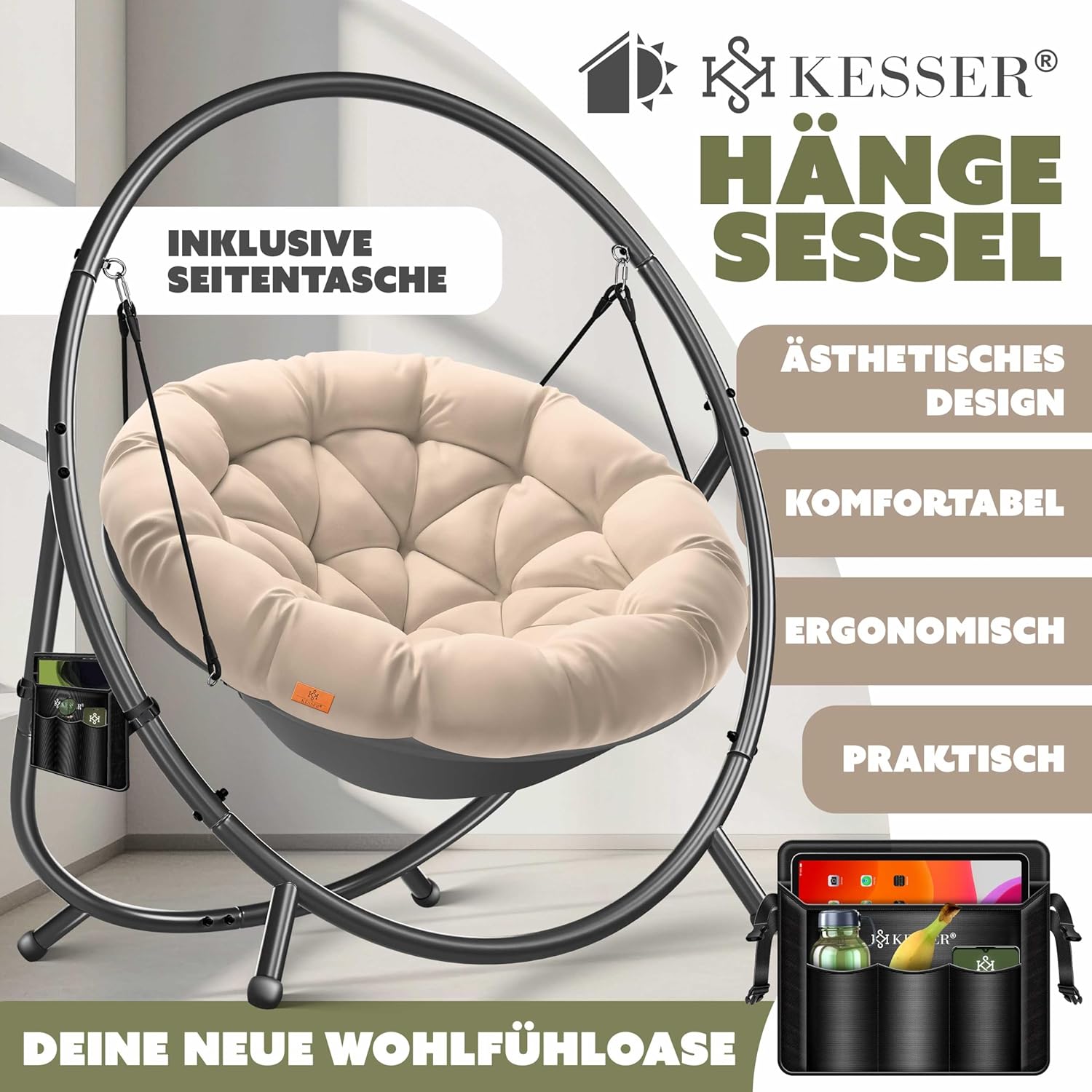 KESSER® Fotel wiszący ze stalowym stelażem, huśtawka, do 150 kg, do użytku wewnątrz i na zewnątrz, z poduszką i kieszenią boczną, kosz wiszący, piankowa poduszka, idealny do salonu i ogrodu