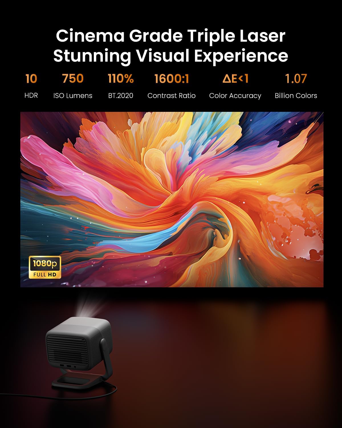 JMGO N1 Projektor, 1080P 3D Mini Full HD, przenośny projektor z potrójnym laserem 750 ISO lumenów, automatyczna korekcja obrazu z gimbalem, 2 głośniki Dynaudio 5 W, Android TV 11.0