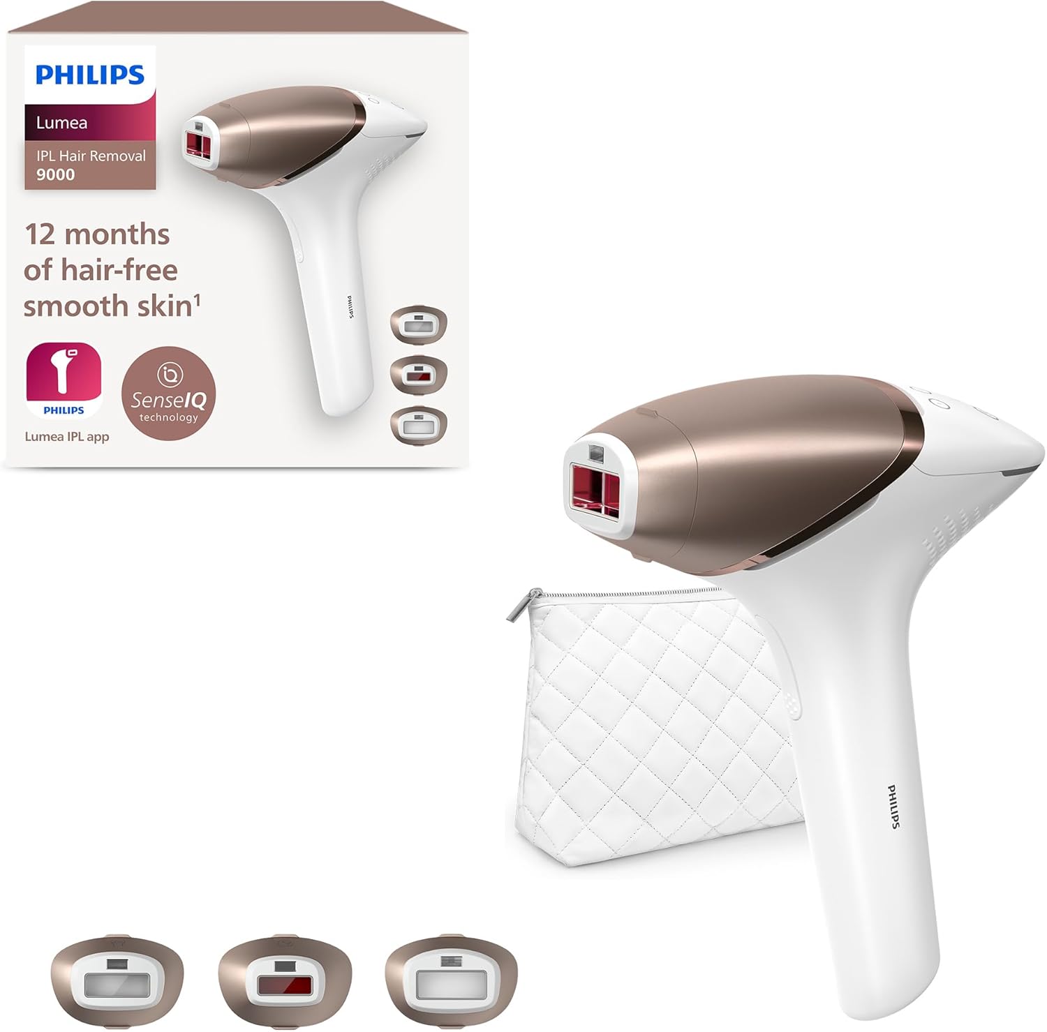 Philips Lumea Urządzenie IPL z serii 9000 — urządzenie do usuwania włosów, alternatywa dla laserowego usuwania włosów, technologia SenseIQ, 3 nasadki: do ciała, twarzy i precyzyjna, BRI955/00
