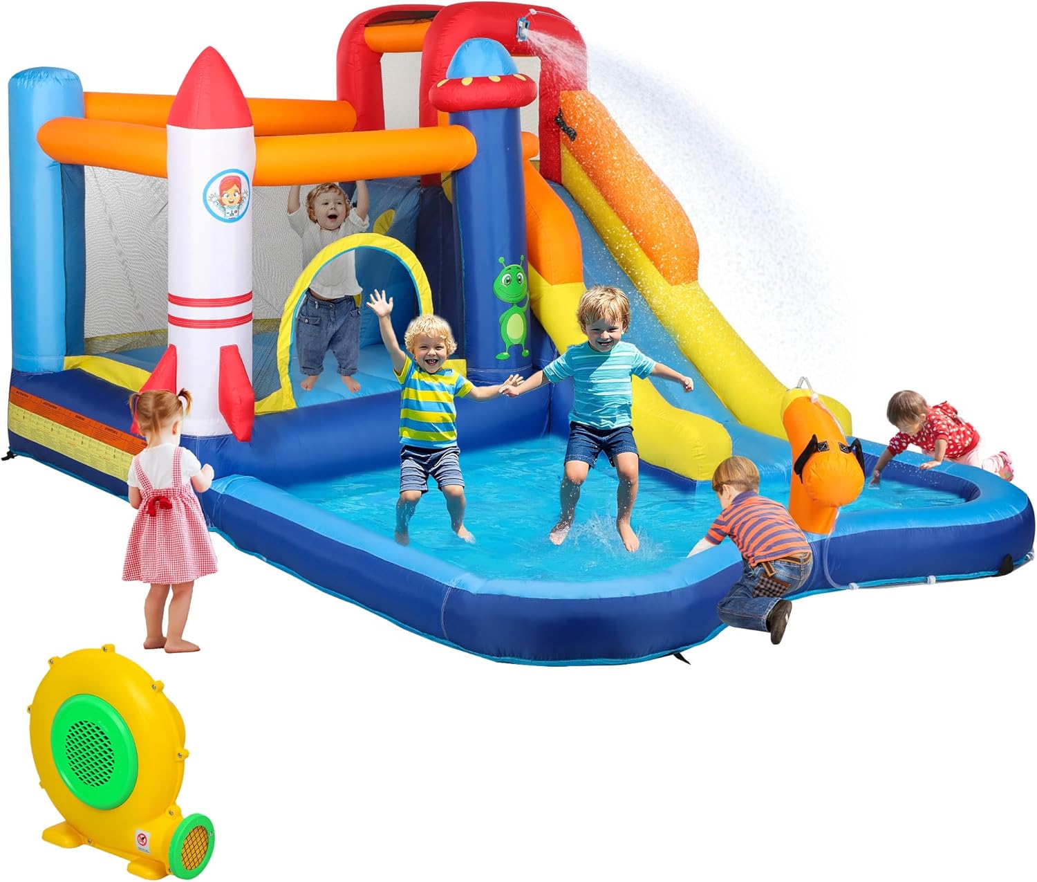 AIYAPLAY Dmuchany zamek z dmuchawą, zjeżdżalnią, brodzikiem, ścianką wspinaczkową, skokiem, armatą wodną, nadmuchiwany zamek z torbą do przenoszenia, do użytku wewnątrz i na zewnątrz, dla dzieci w