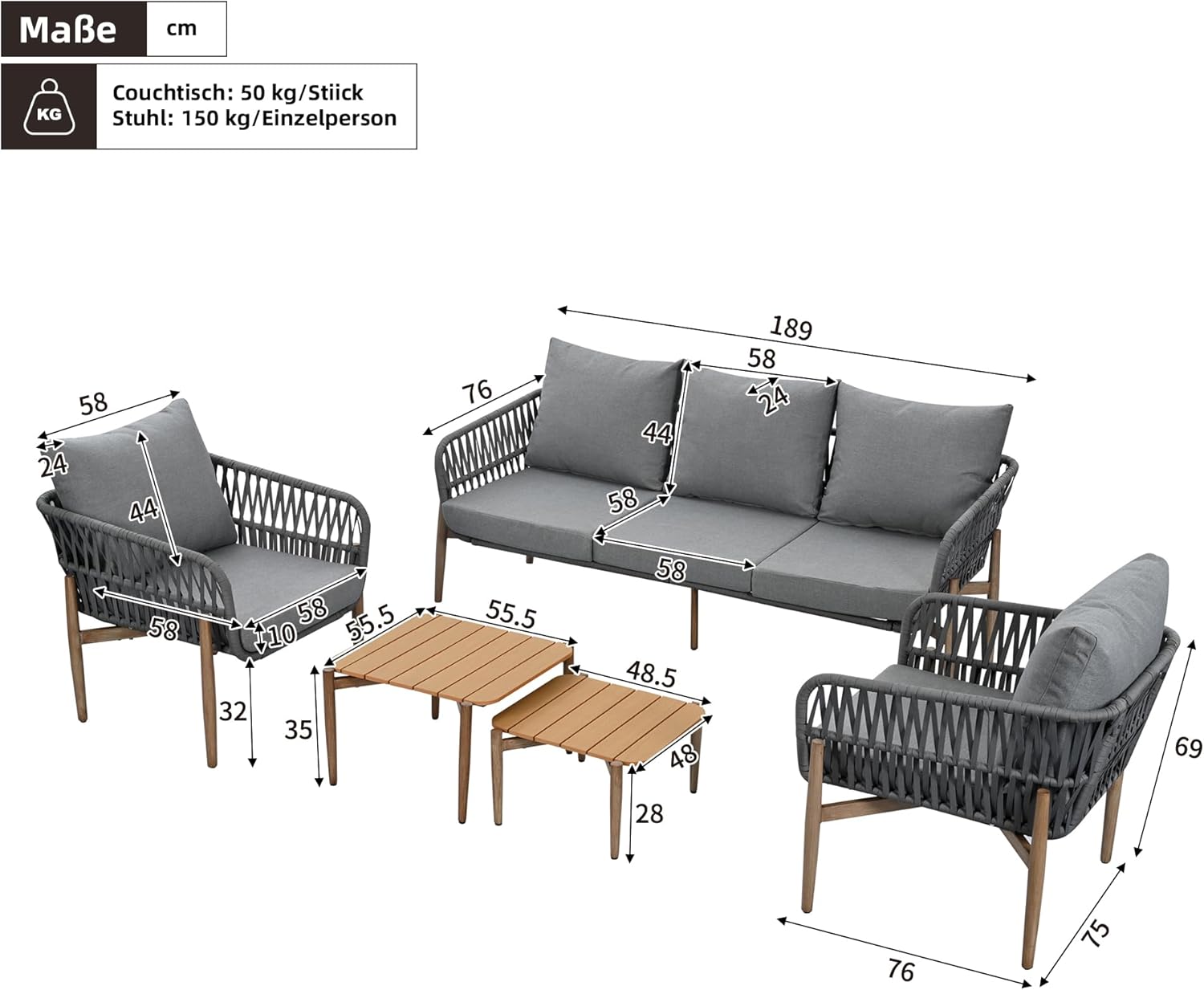 Dolamaní Zestaw mebli wypoczynkowych 0utdoor dla 5 osób, 3-osobowa sofa, 2 fotele i 2 stoliki kawowe, blat stołu z WPC, ze stali, z wygodnymi poduszkami (kolor szary)