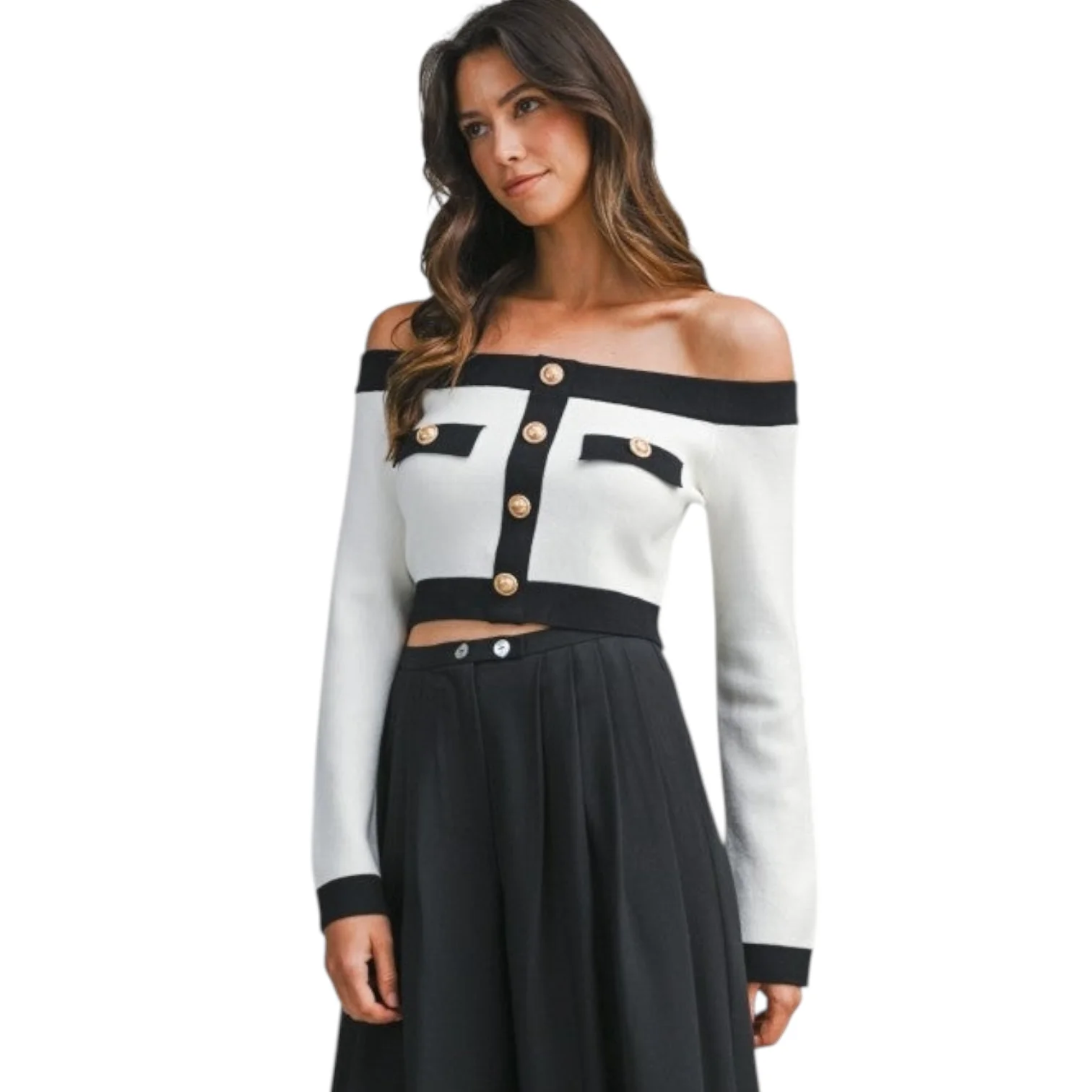 Contrast Off-Shoulder Cropped Knit Sweater - White