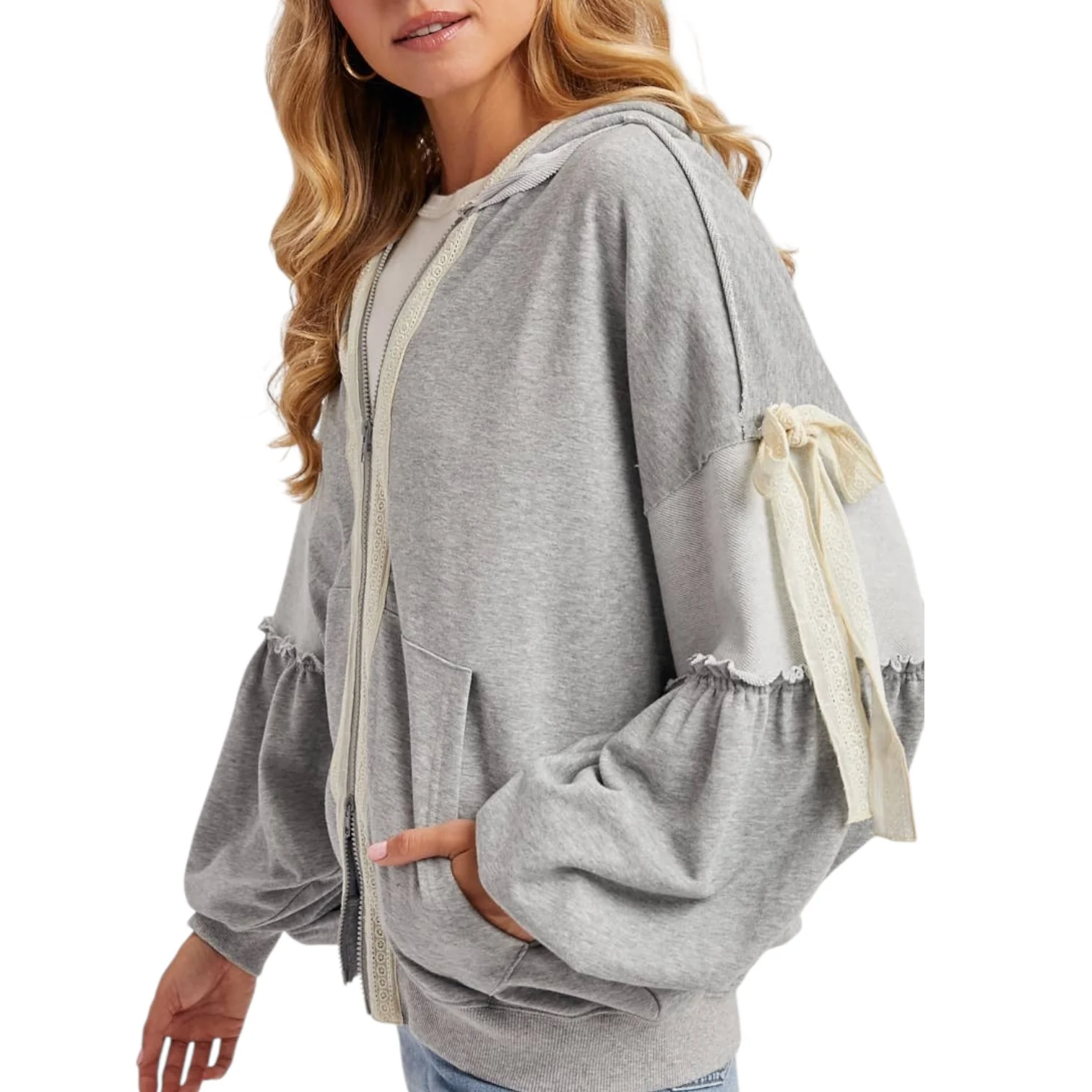 Heather Grey Balloon Sleeve Zip Hoodie
