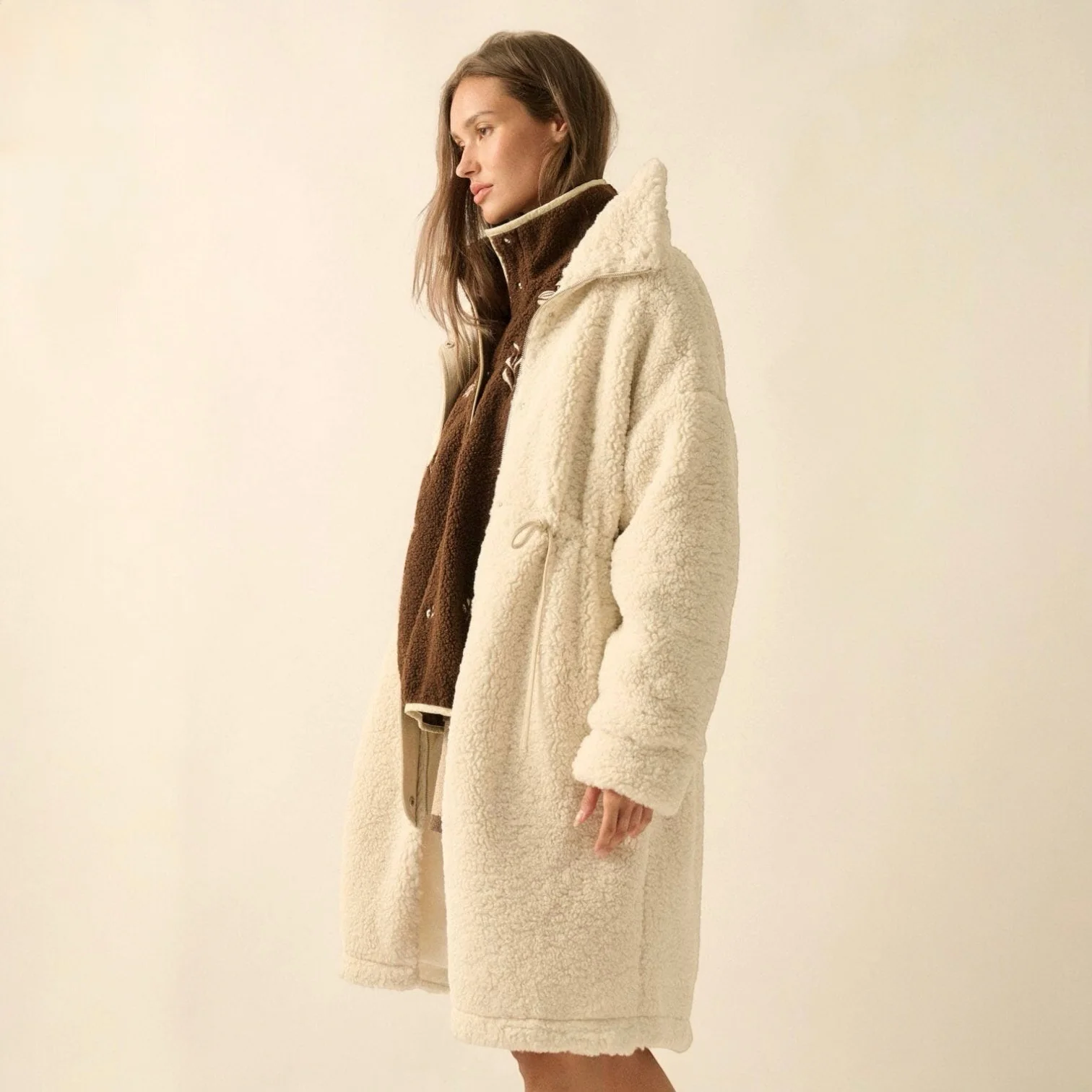 Faux Shearling Zip-Up Knee-Length Coat