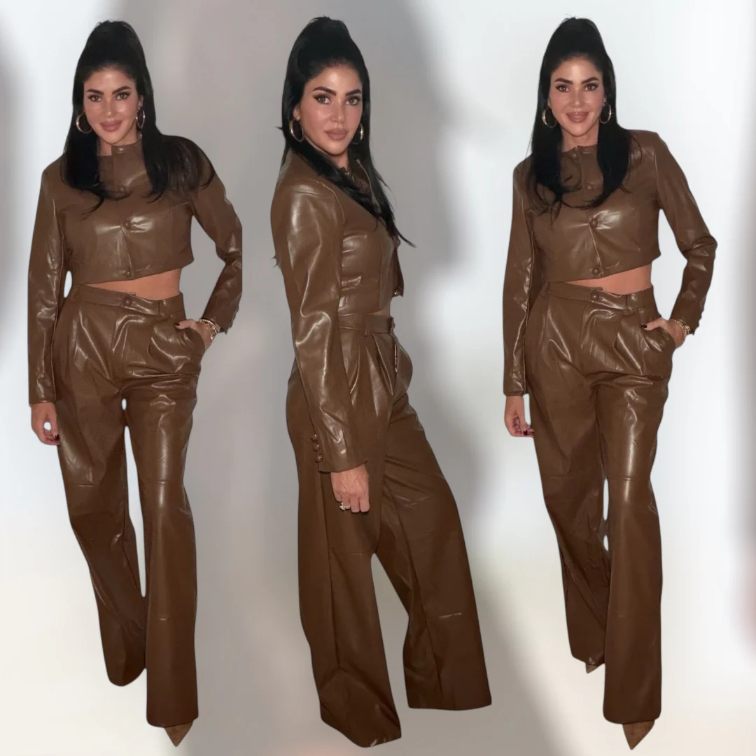 Brown Vegan Leather Pant Set
