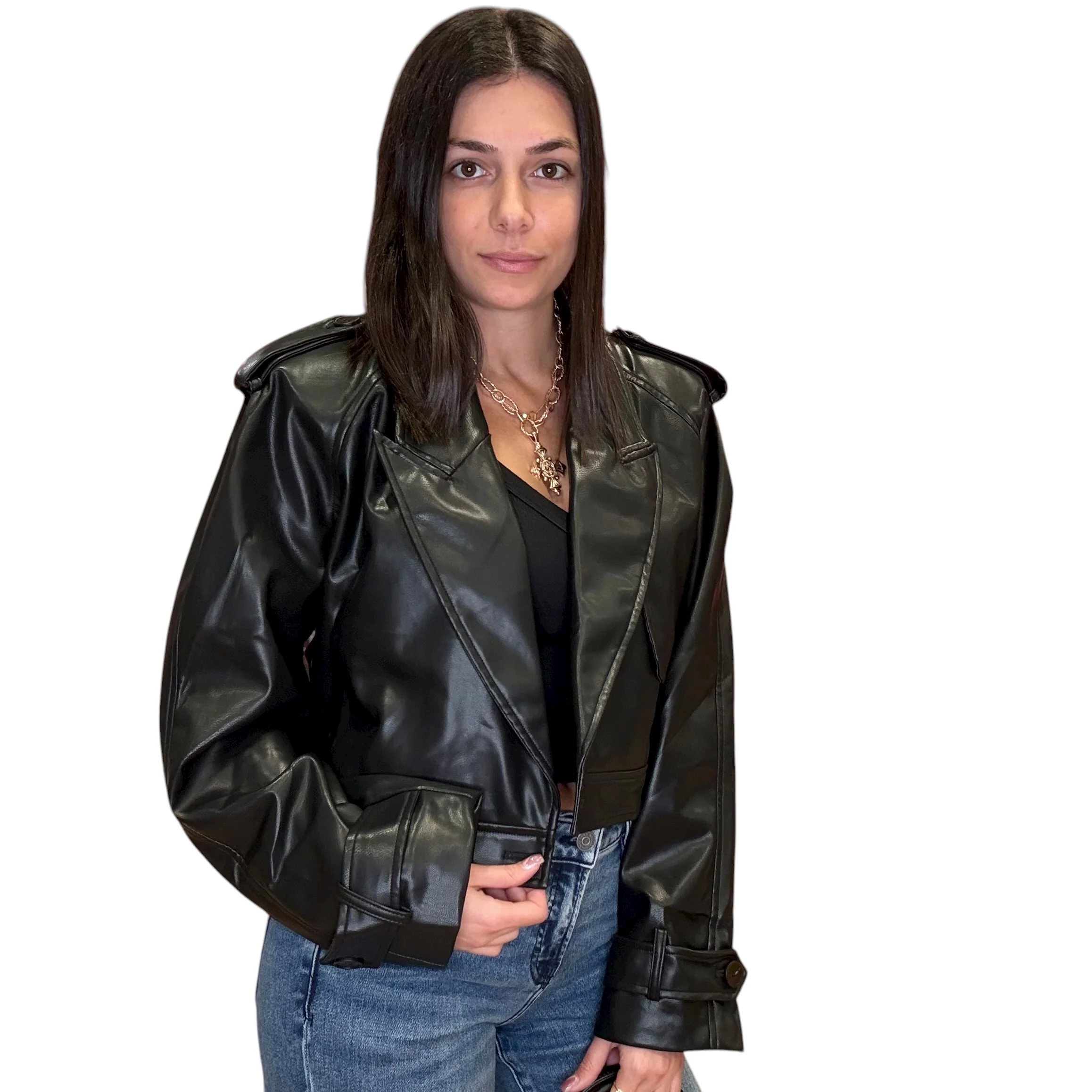 Vegan Leather Cropped Trench Jacket