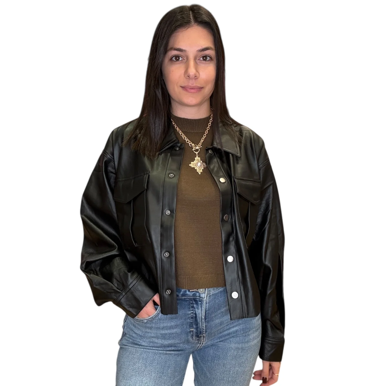 Noir Vegan Leather Button Down Jacket