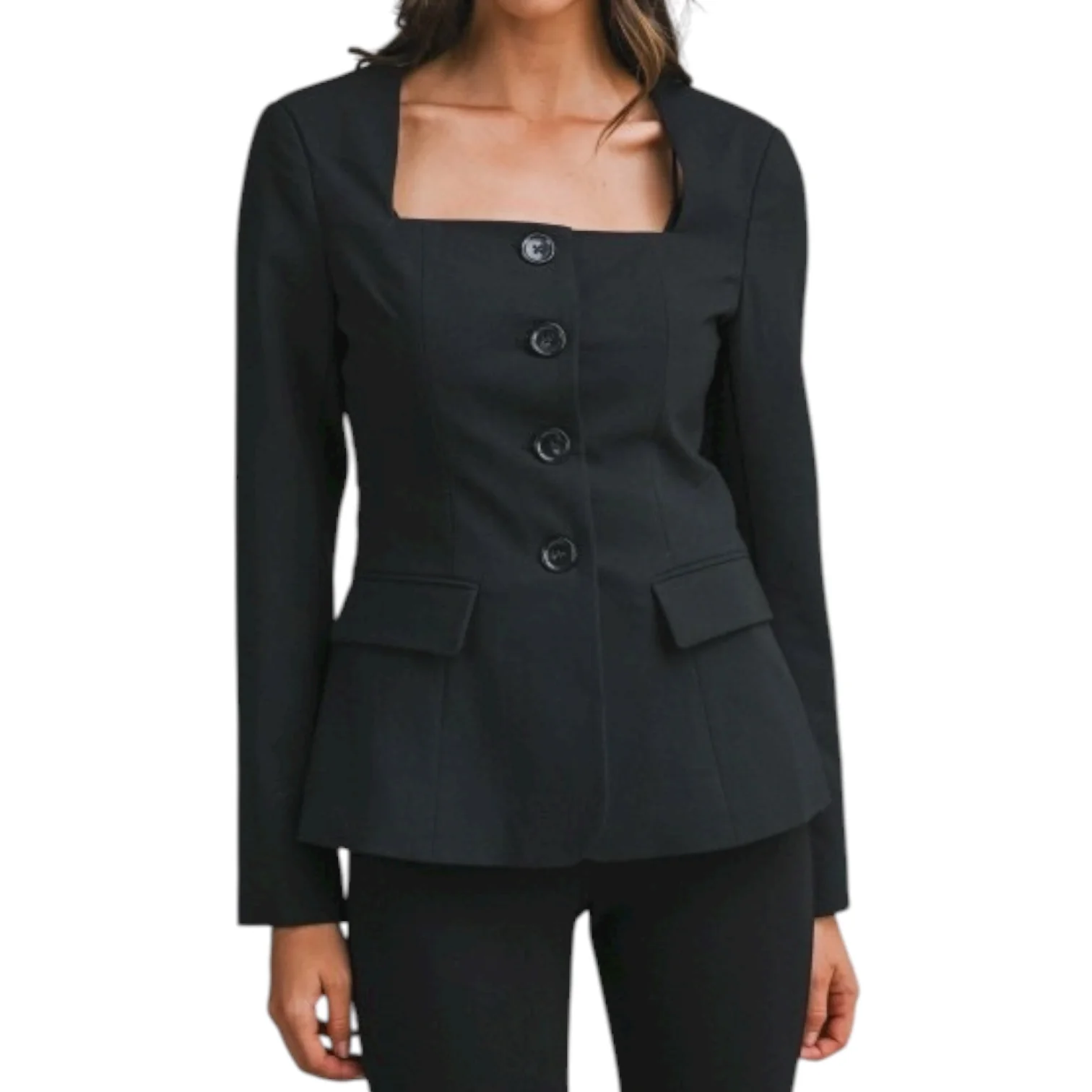 Square Neck Tailored Black Structured Button Blazer