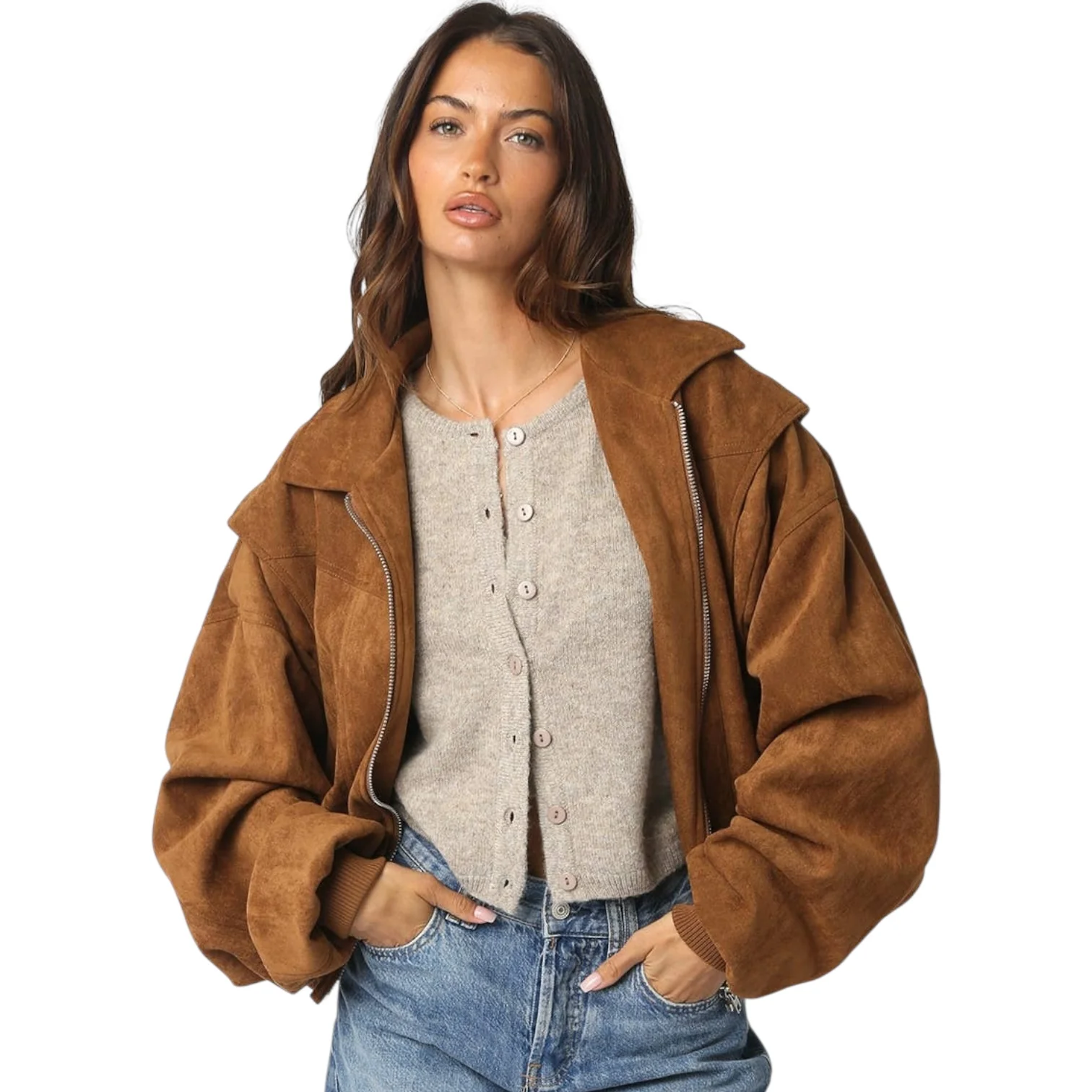 Camel Suede Bomber Jacket