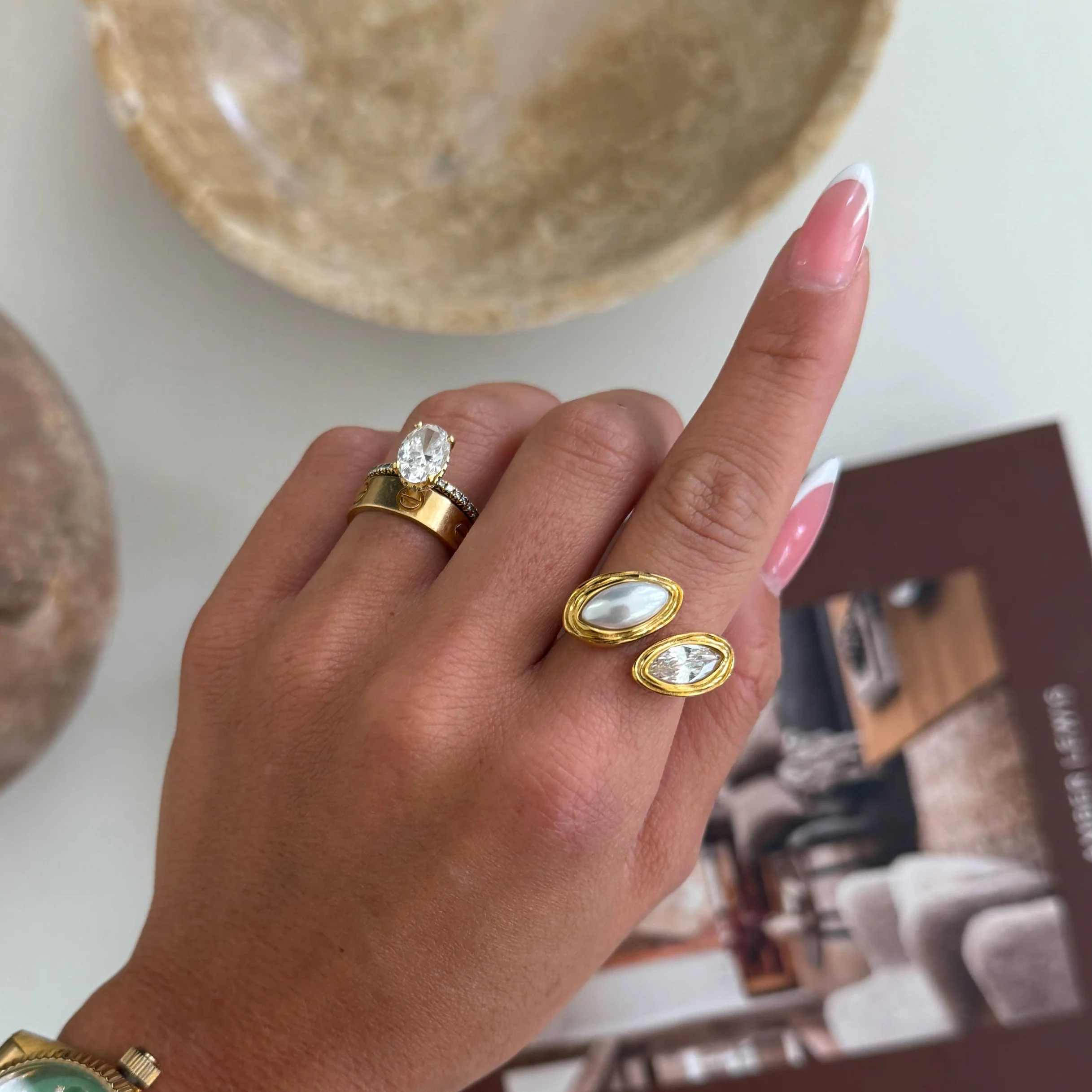 Pearl & Rhinestone Adjustable Ring