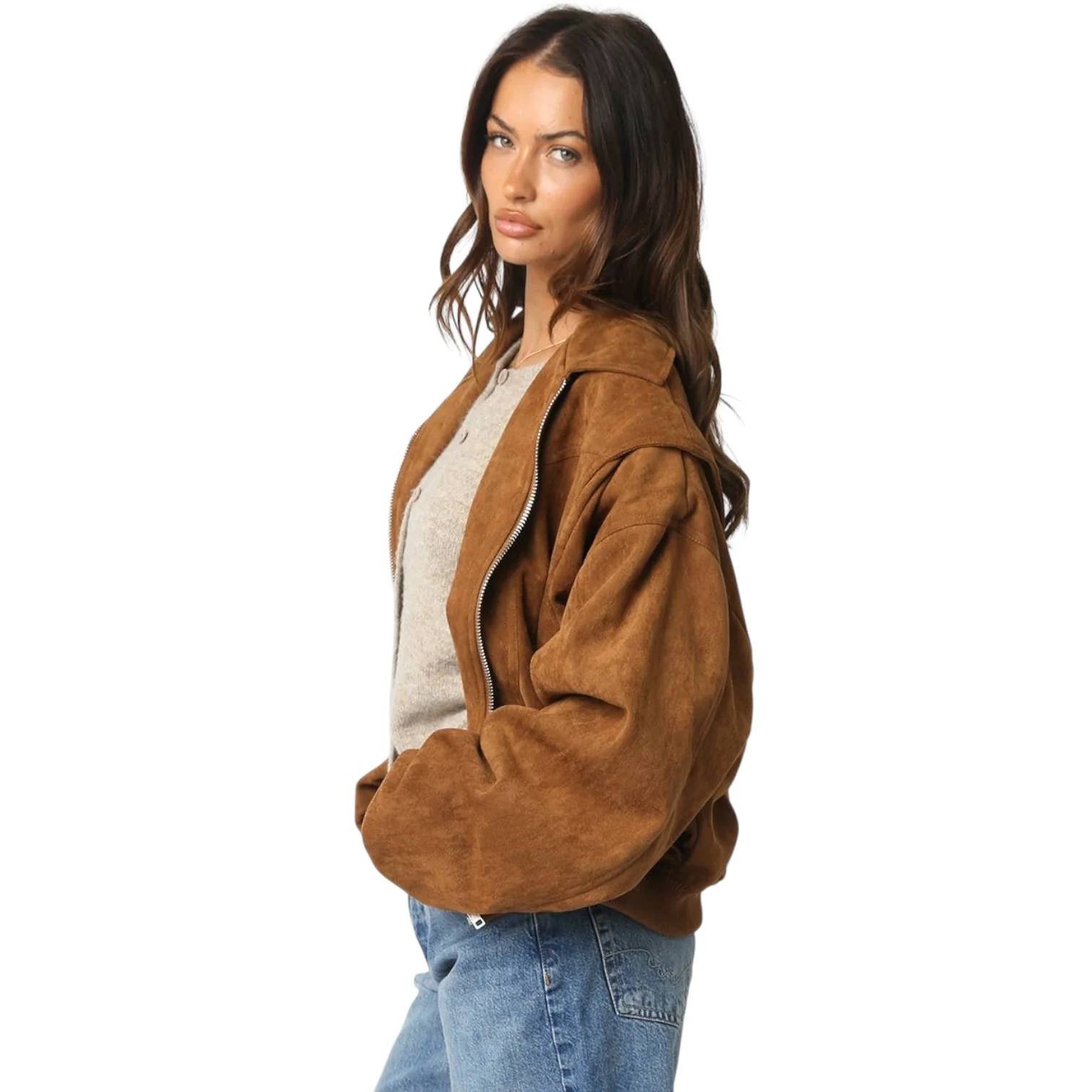 Camel Suede Bomber Jacket