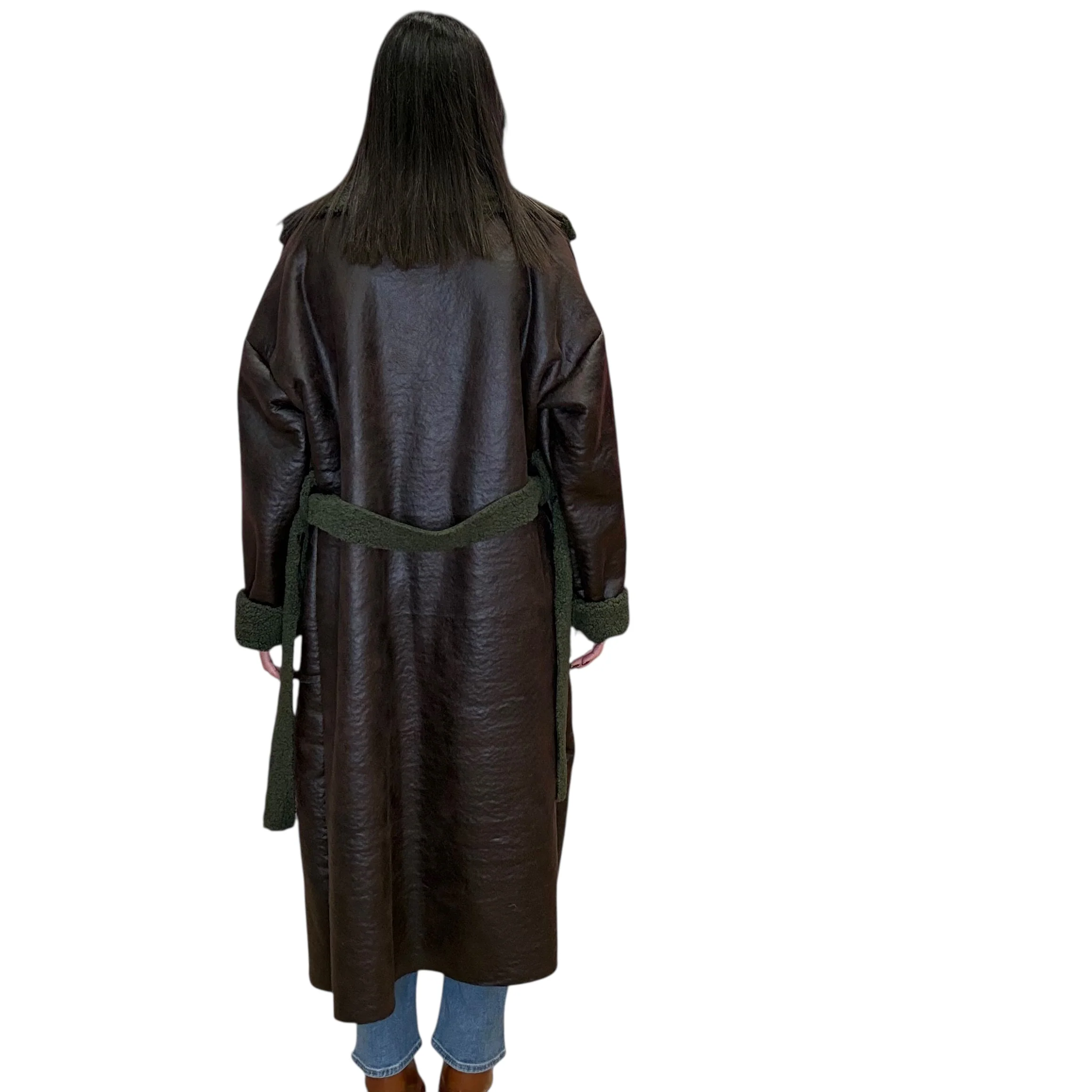 Italian Vegan Leather Long Coat - Olive