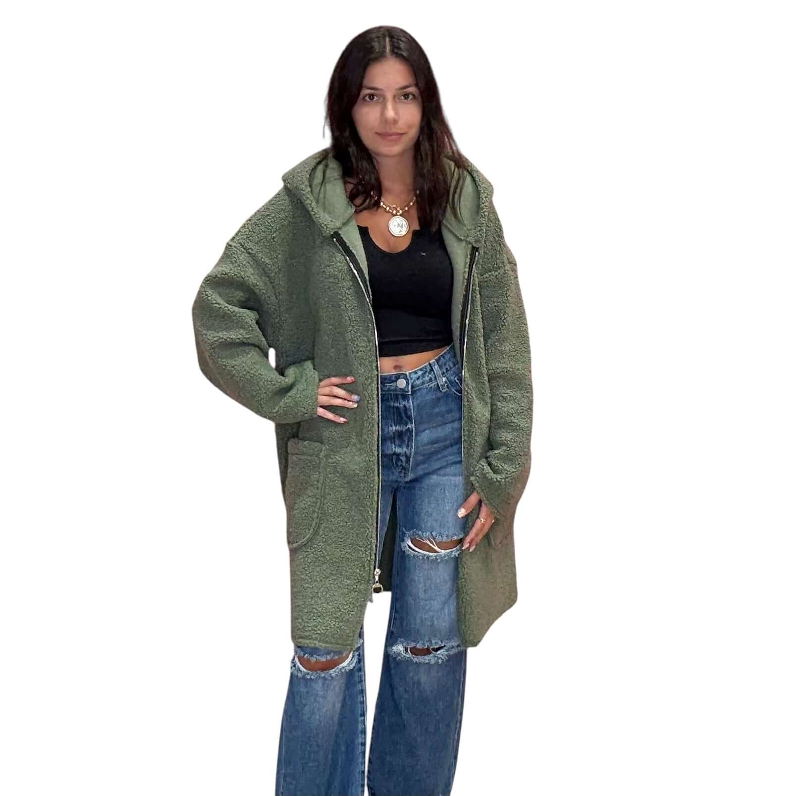 Italian Plush Teddy Long Coat - Olive