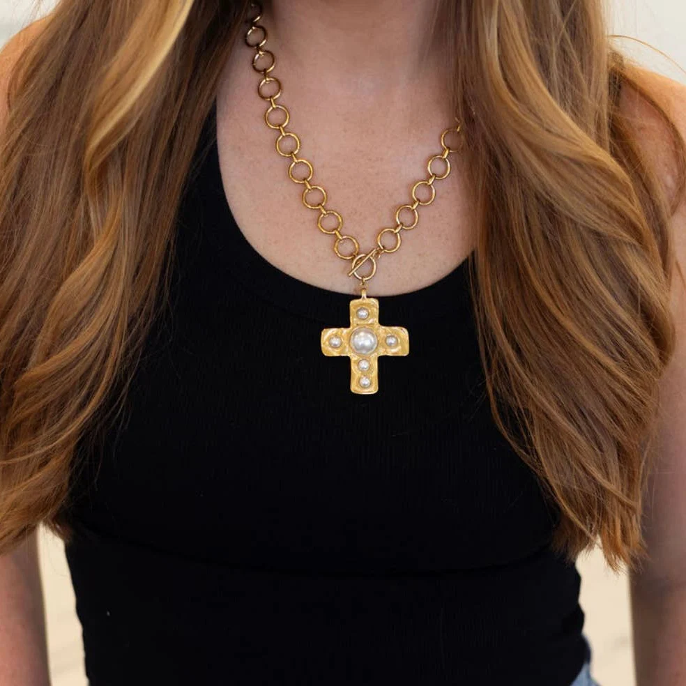 Cross Pearl Medallion Necklace