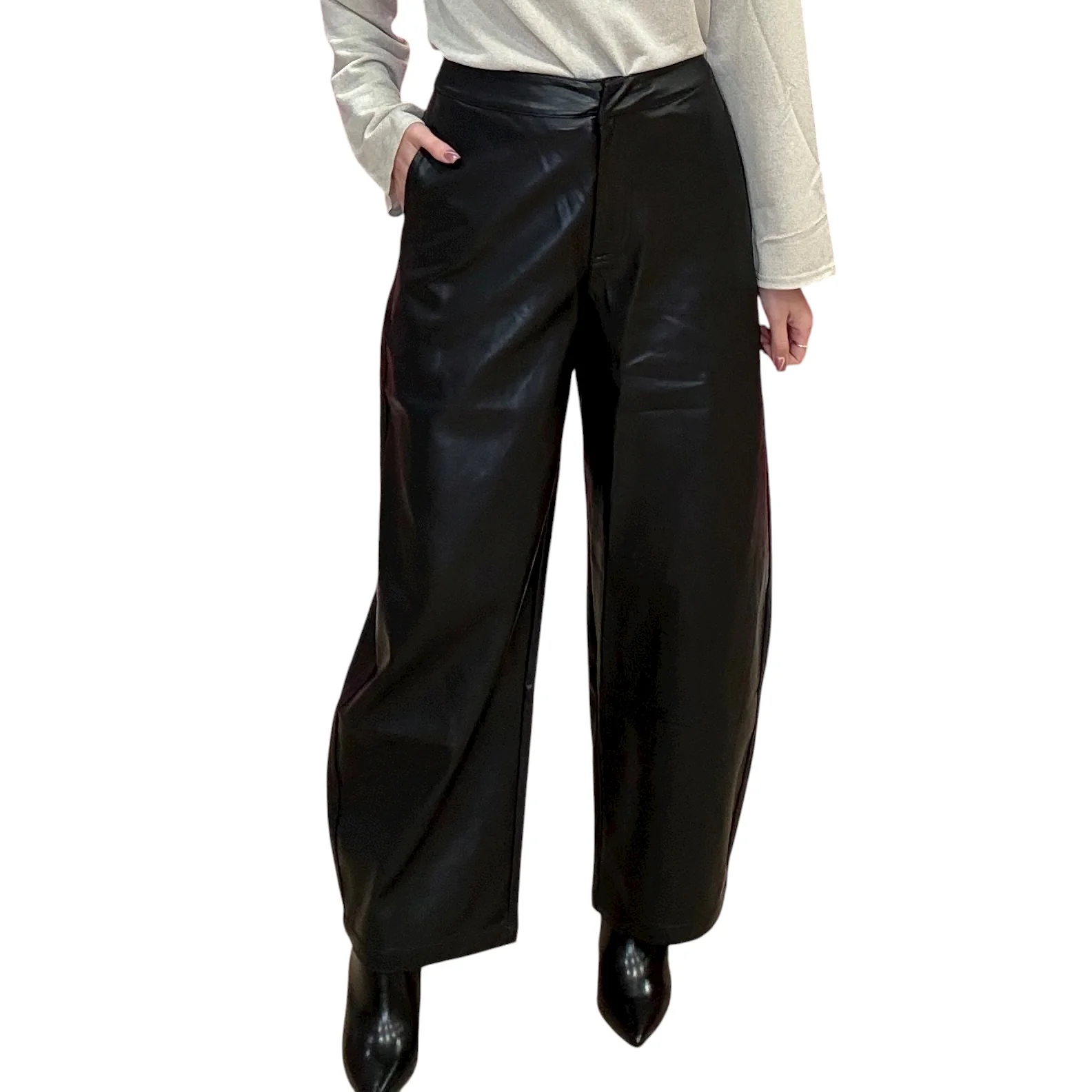 Black Vegan Leather Barrel Pants