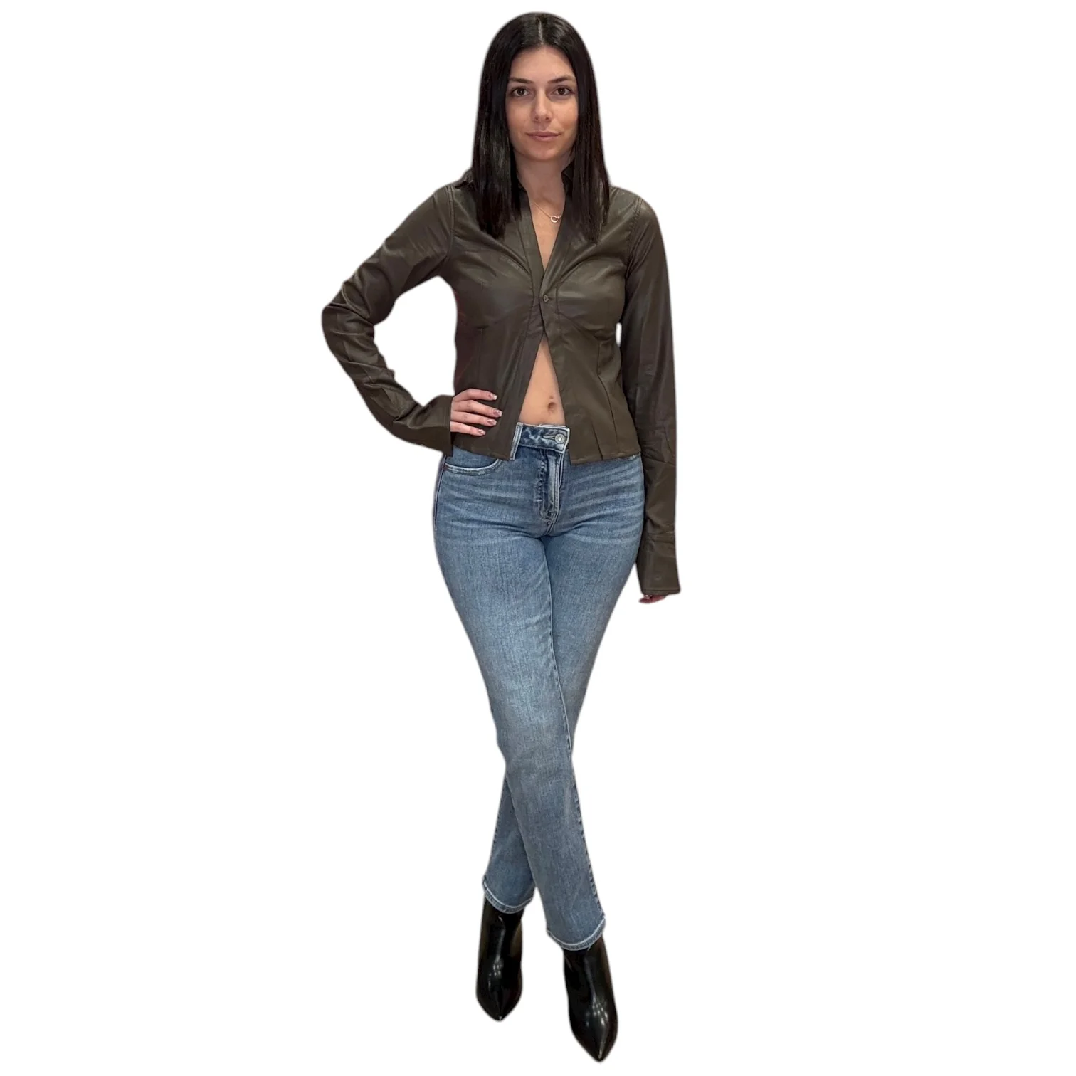 Coffee Bean Faux Leather Button Top