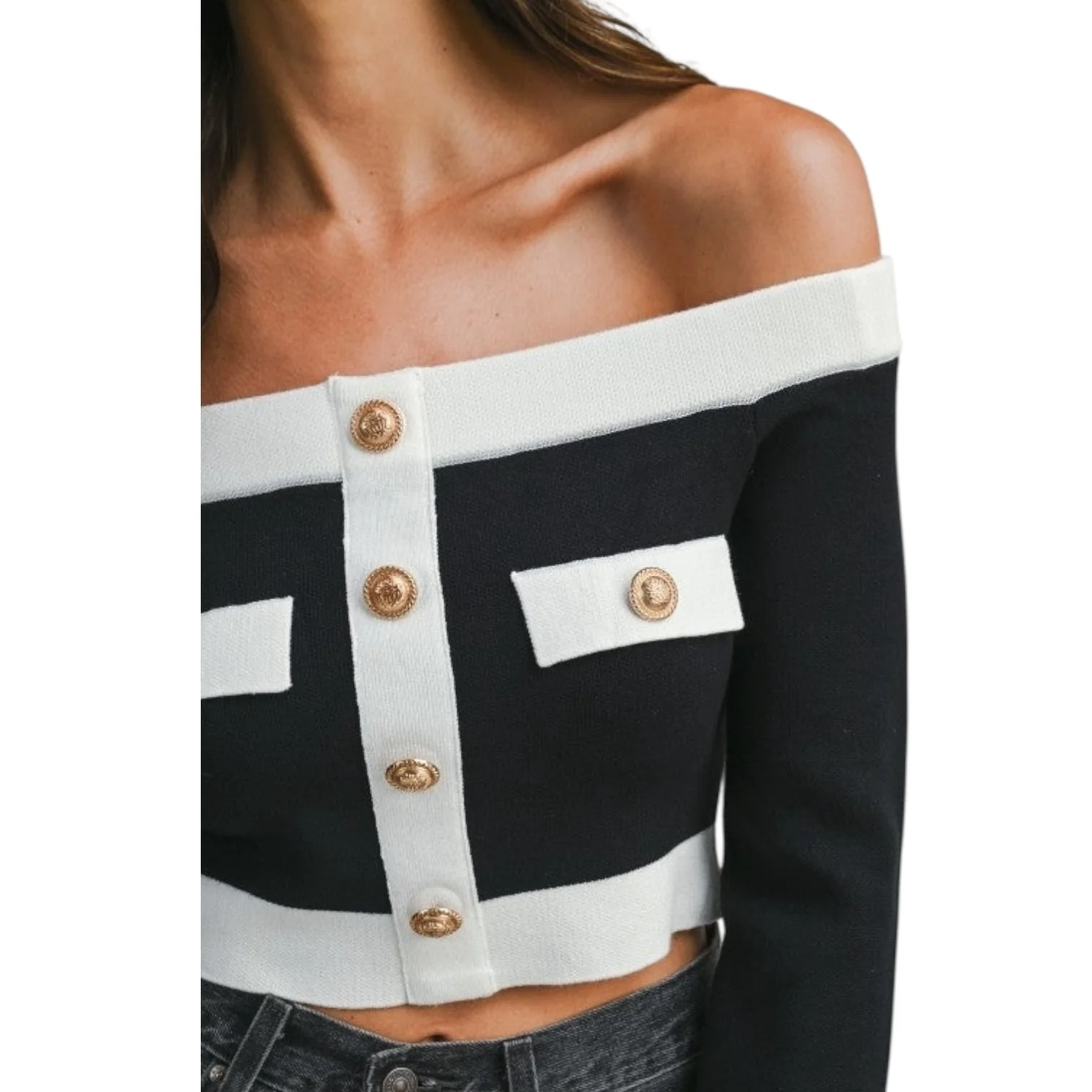 Contrast Off-Shoulder Cropped Knit Sweater - Black