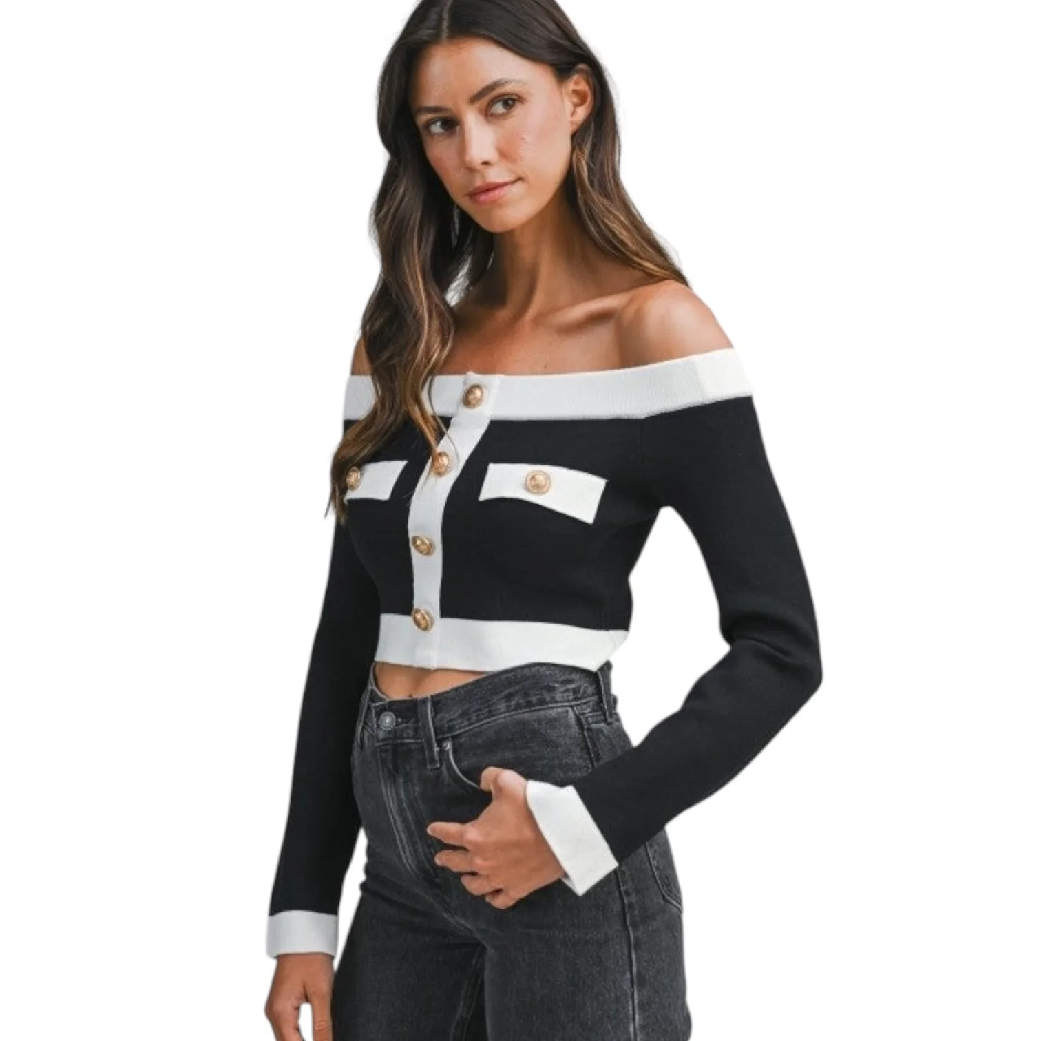 Contrast Off-Shoulder Cropped Knit Sweater - Black