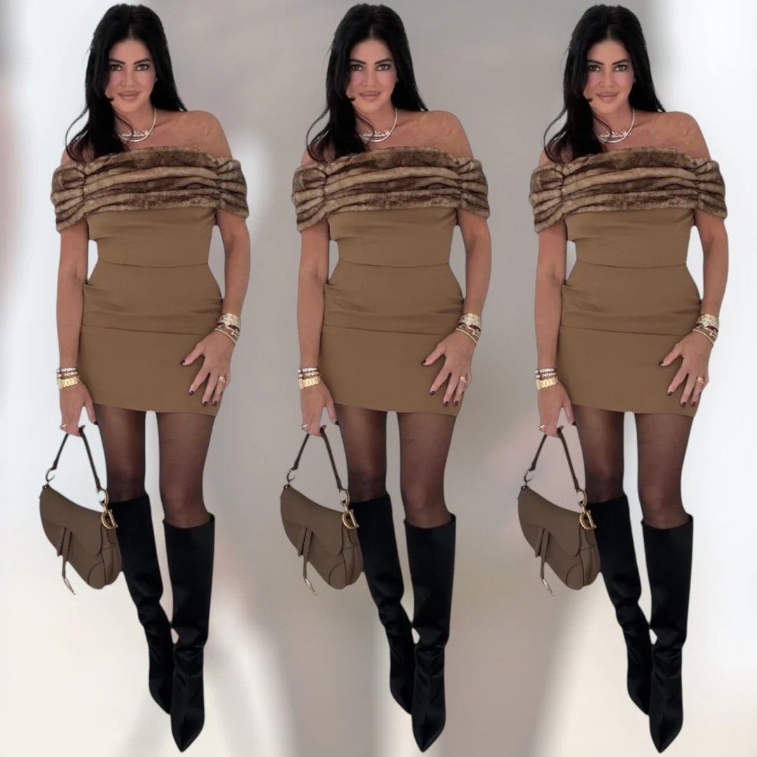 Faux Fur Off Shoulder Mini Dress