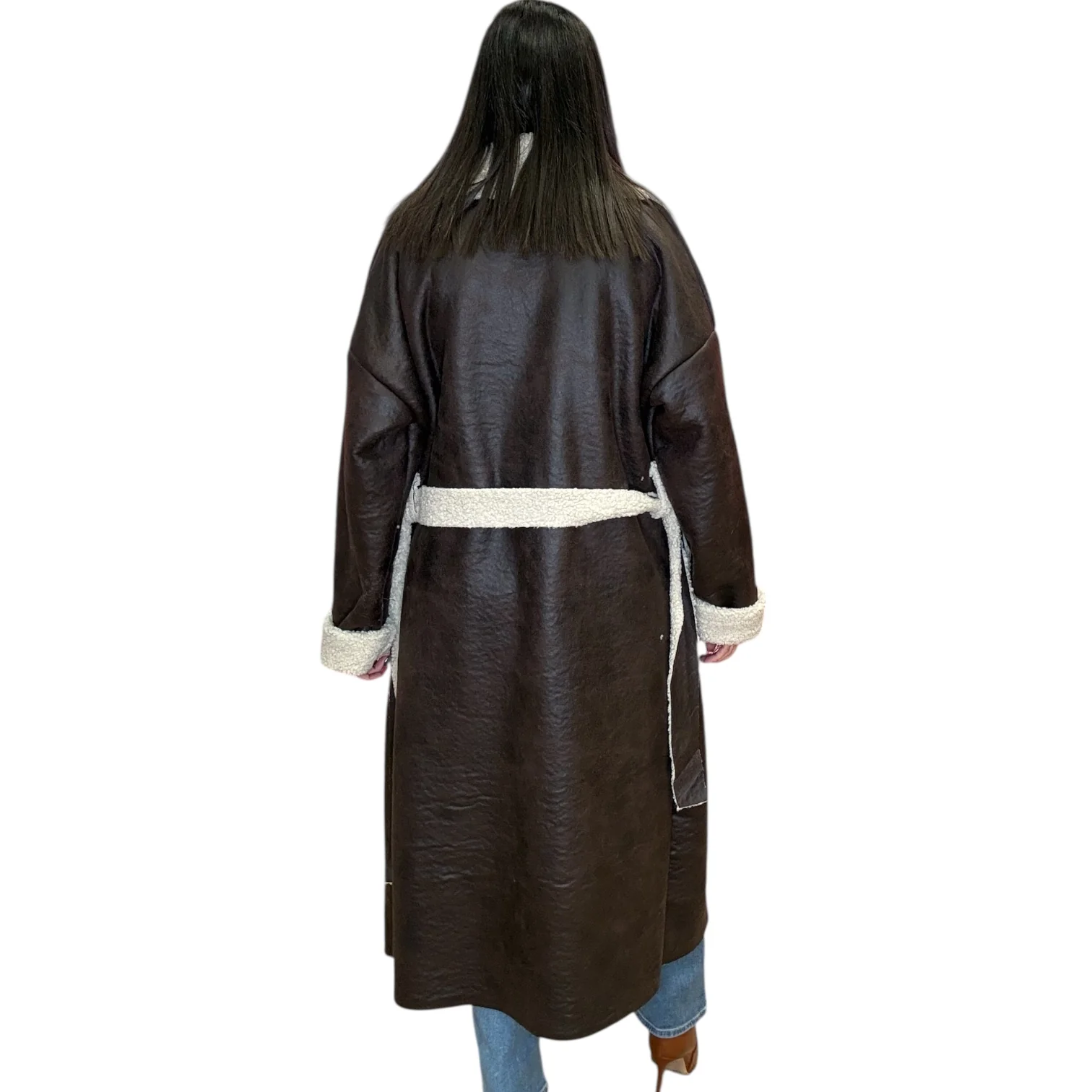 Italian Vegan Leather Long Coat - Beige