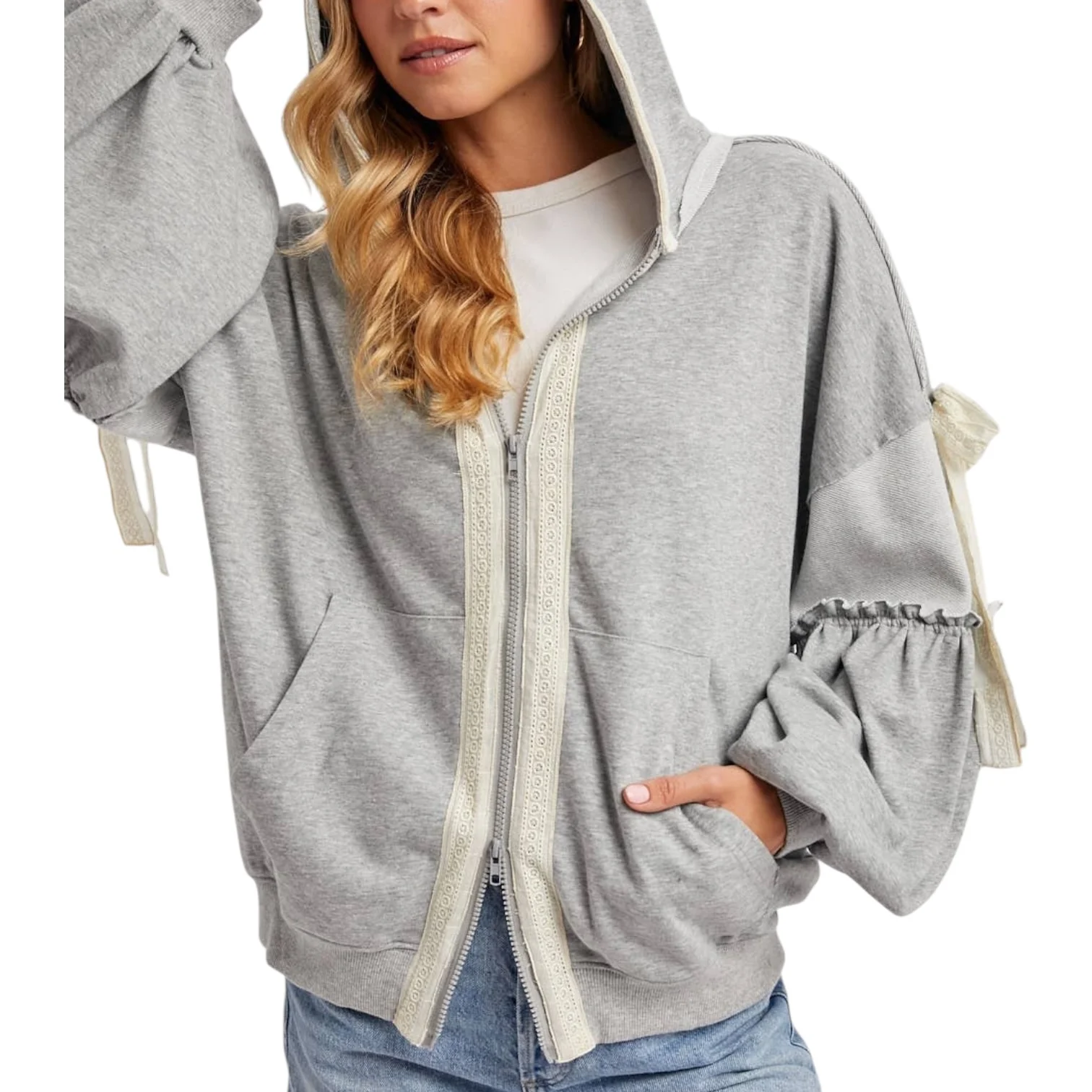 Heather Grey Balloon Sleeve Zip Hoodie