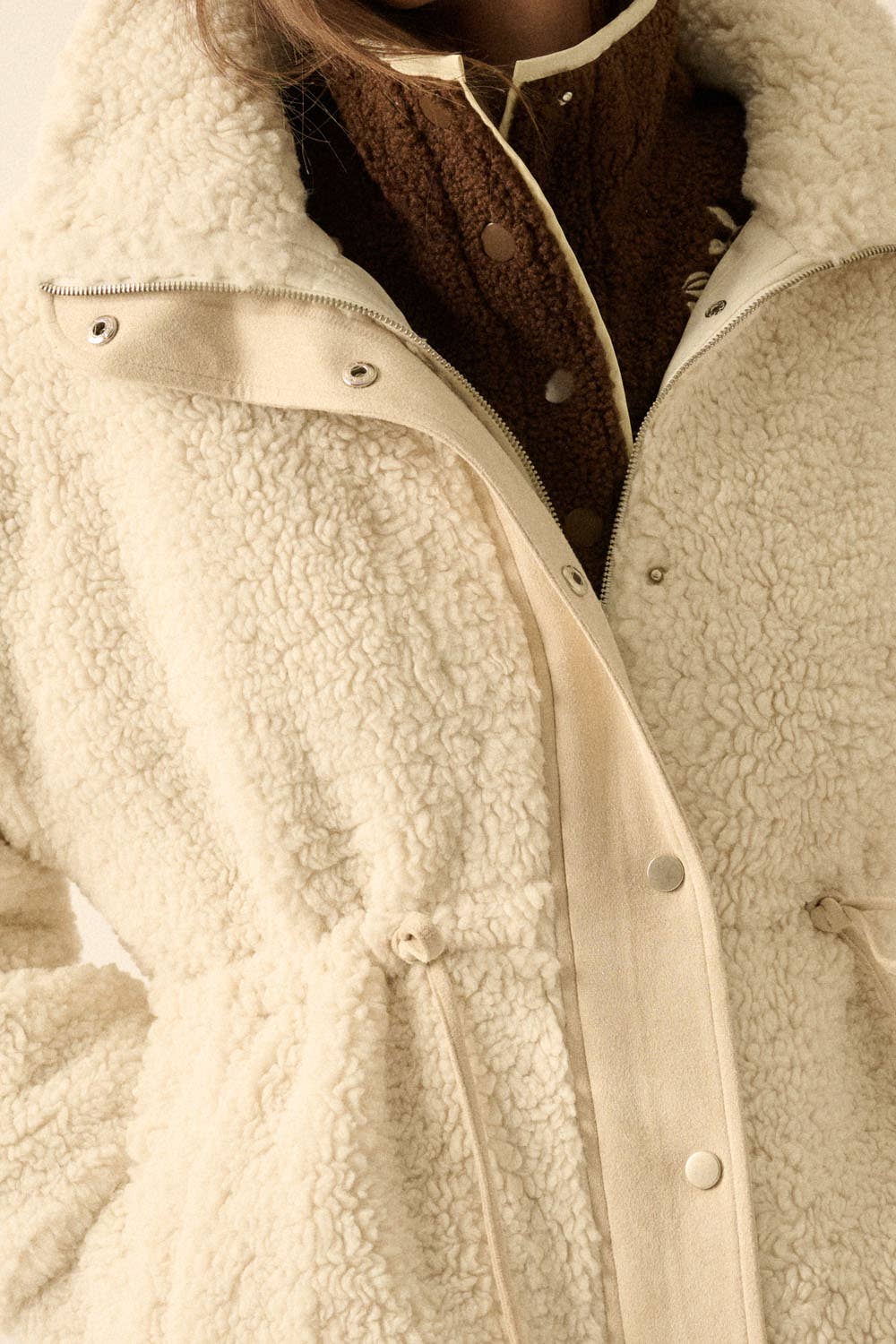 Faux Shearling Zip-Up Knee-Length Coat